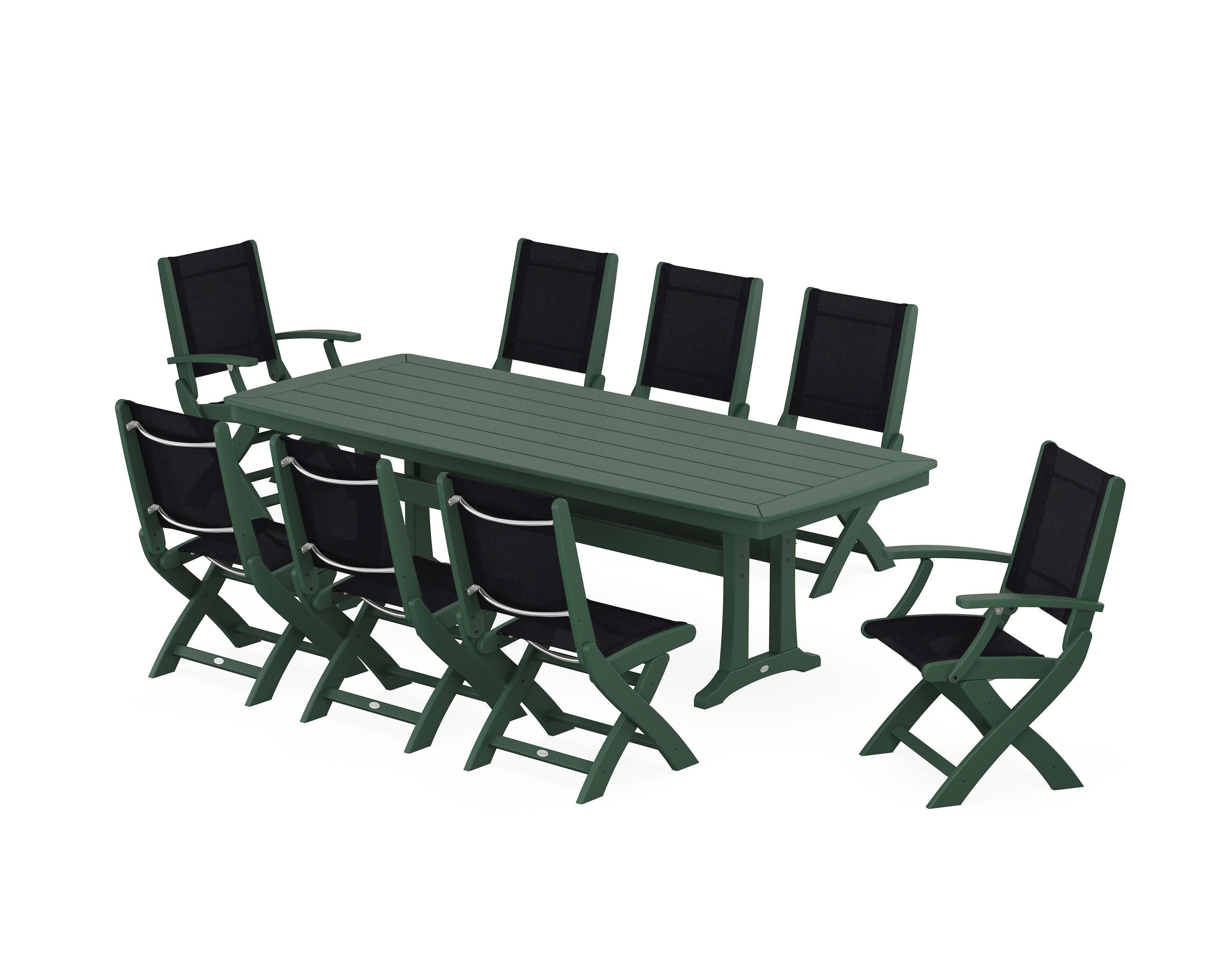 Coastal Folding 9-Piece Dining Set with Trestle Legs in Green / Black Sling