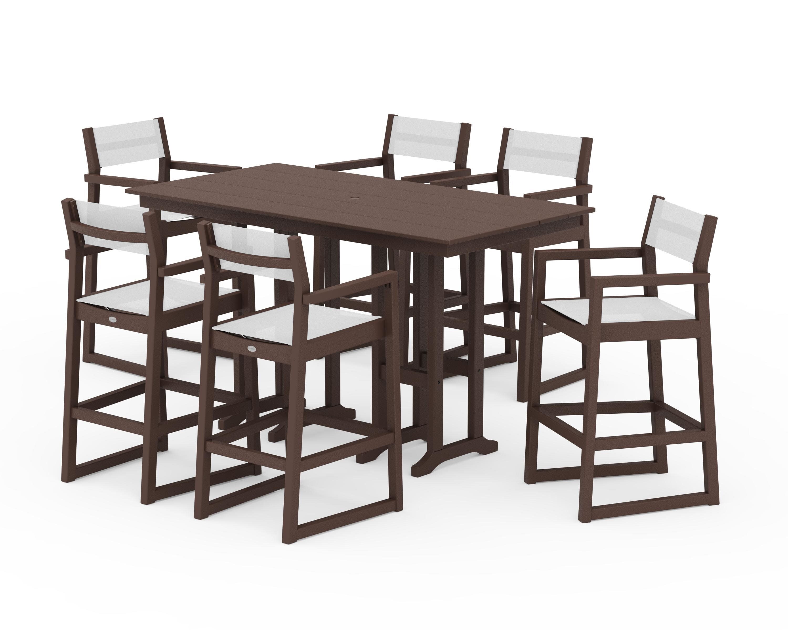 EDGE Sling Arm Chair 7-Piece Farmhouse Bar Set in Mahogany / White Sling