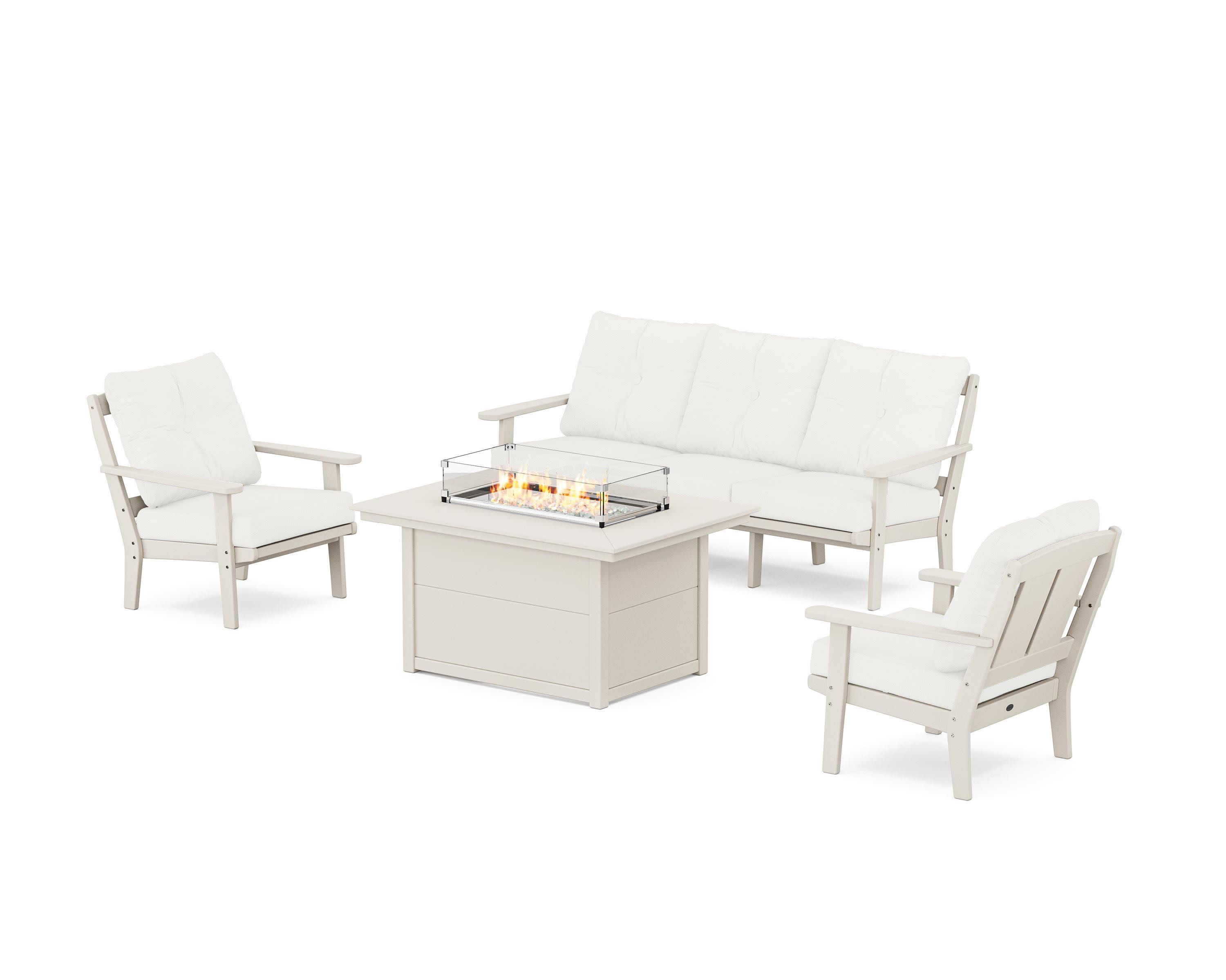 Mission Deep Seating Fire Pit Table Set in Sand / Natural Linen