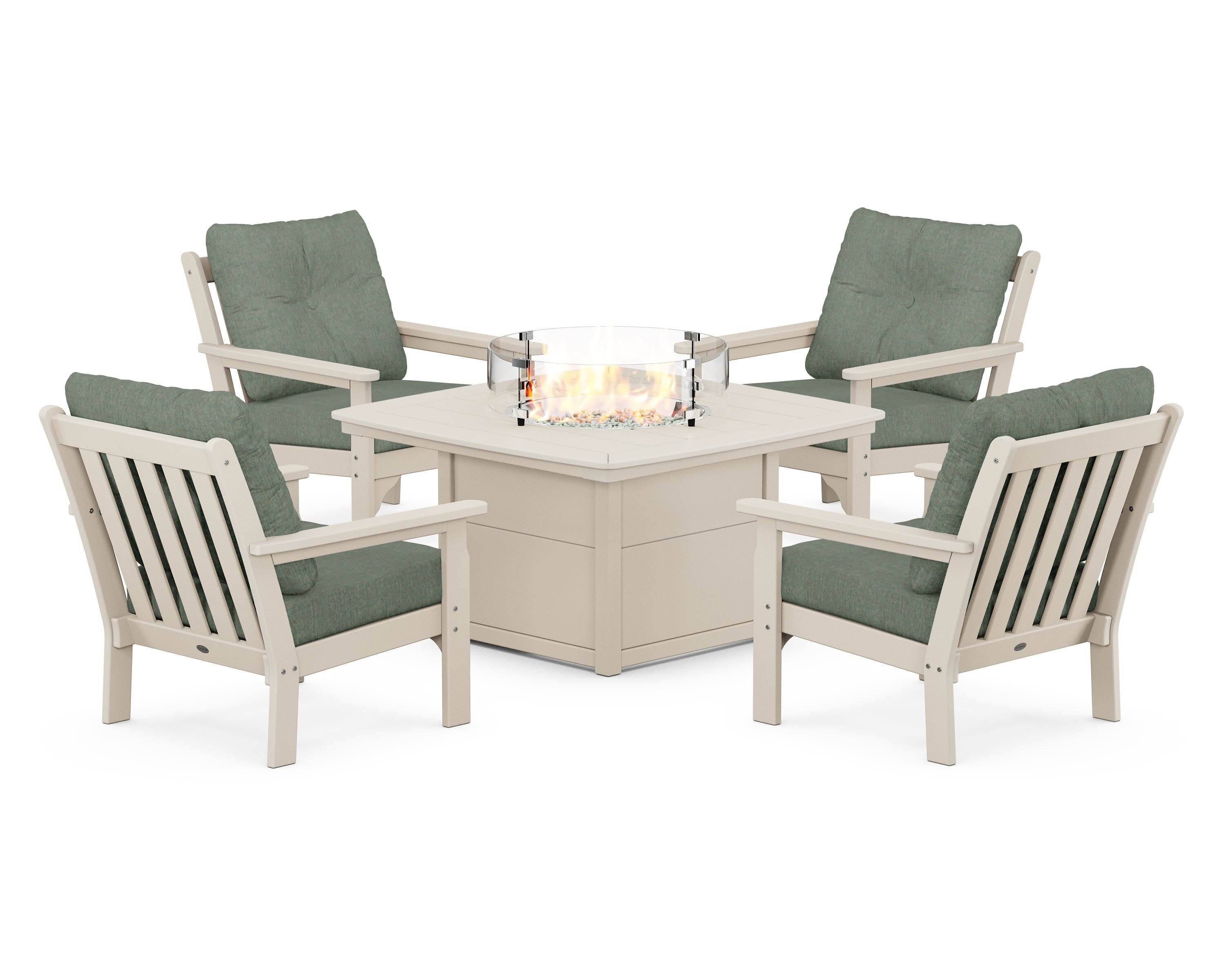 Vineyard 5-Piece Conversation Set with Fire Pit Table in Sand / Cast Sage