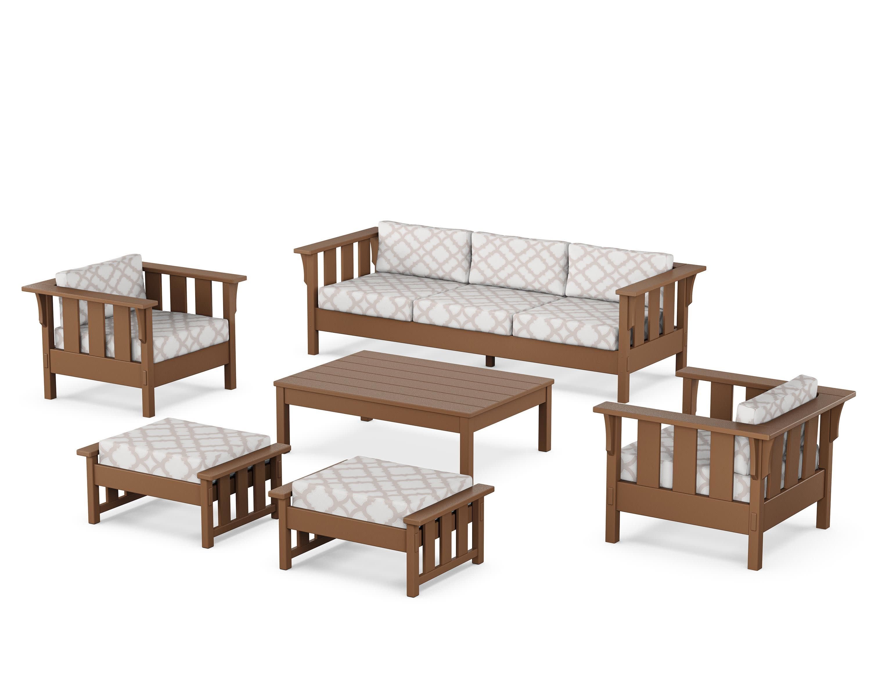 Acadia 6-Piece Lounge Sofa Set in Teak / Trellis Dune Burlap