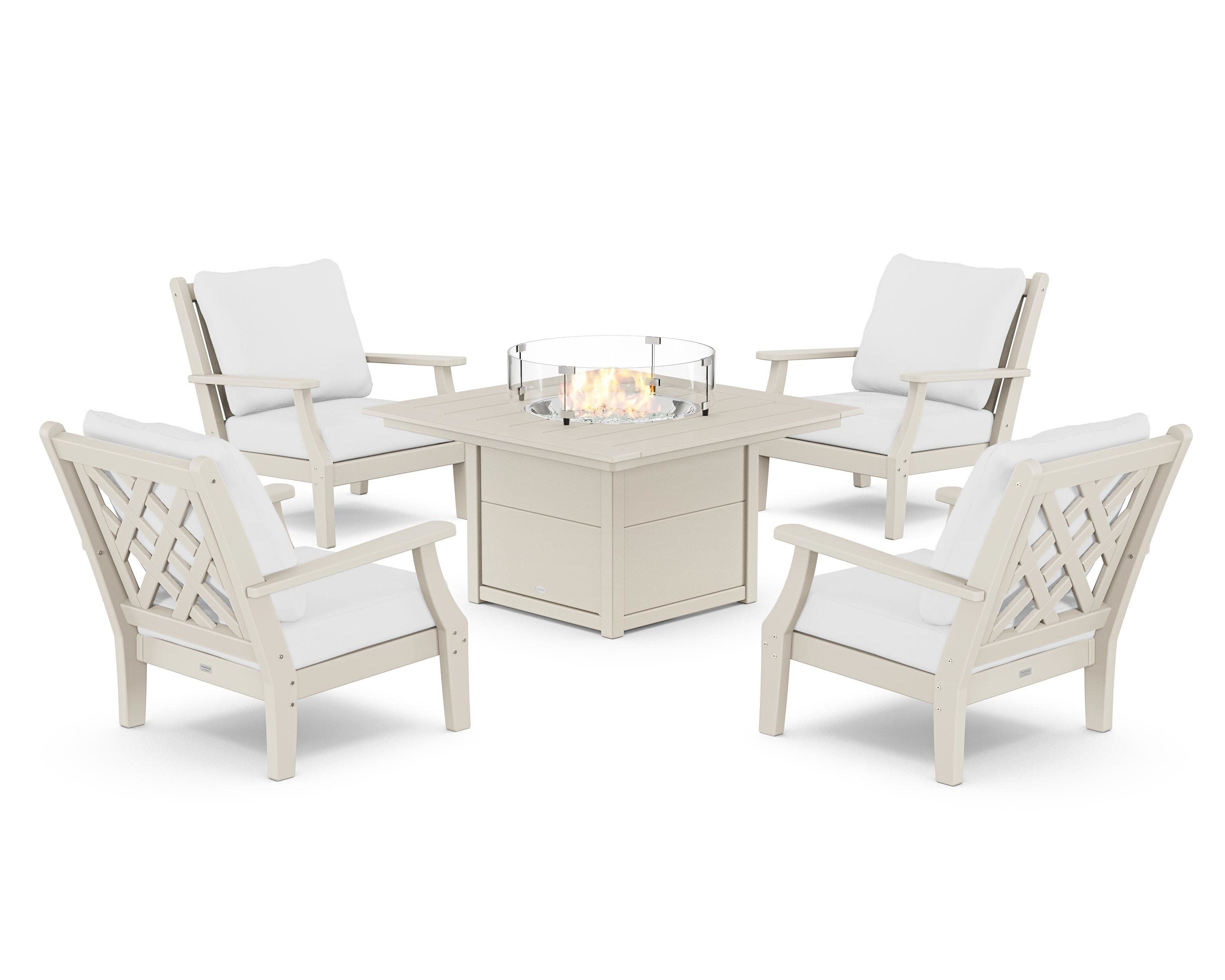Wovendale 5-Piece Deep Seating Set with Fire Pit Table in Sand / Natural