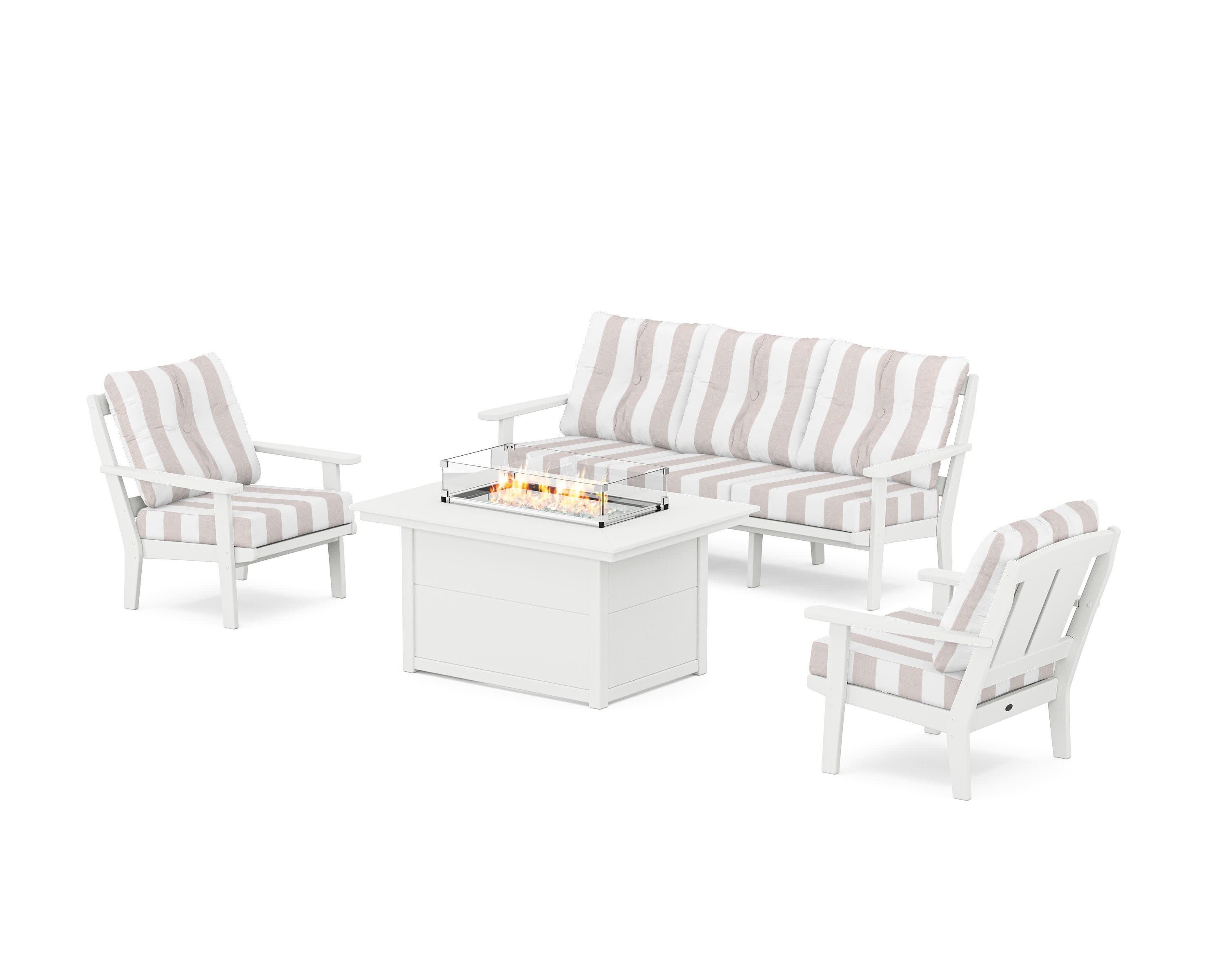 Mission Deep Seating Fire Pit Table Set in White / Cabana Stripe Dune Burlap