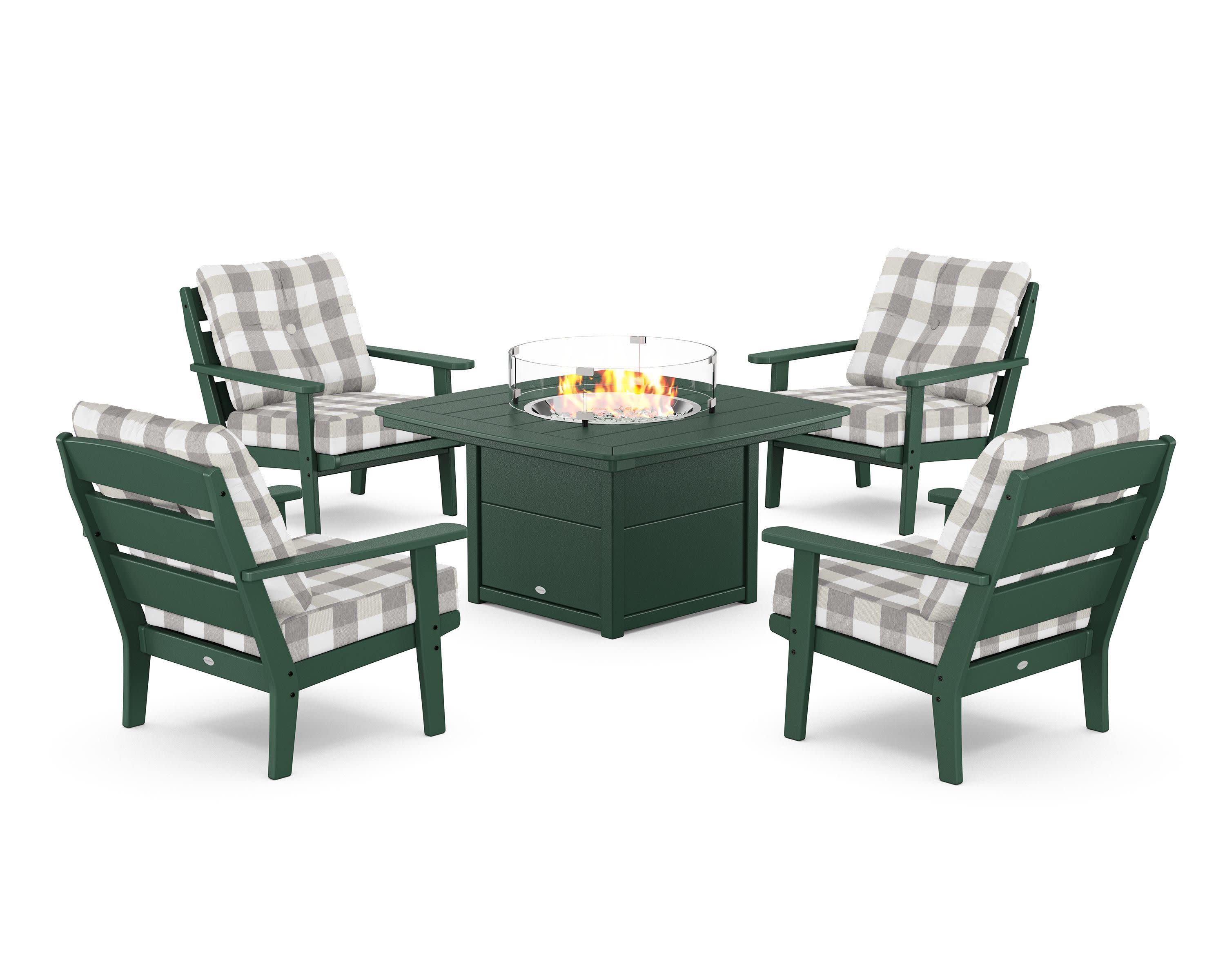 Lakeside 5-Piece Deep Seating Set with Nautical Fire Pit Table in Green / Buffalo Plaid Grey Mist
