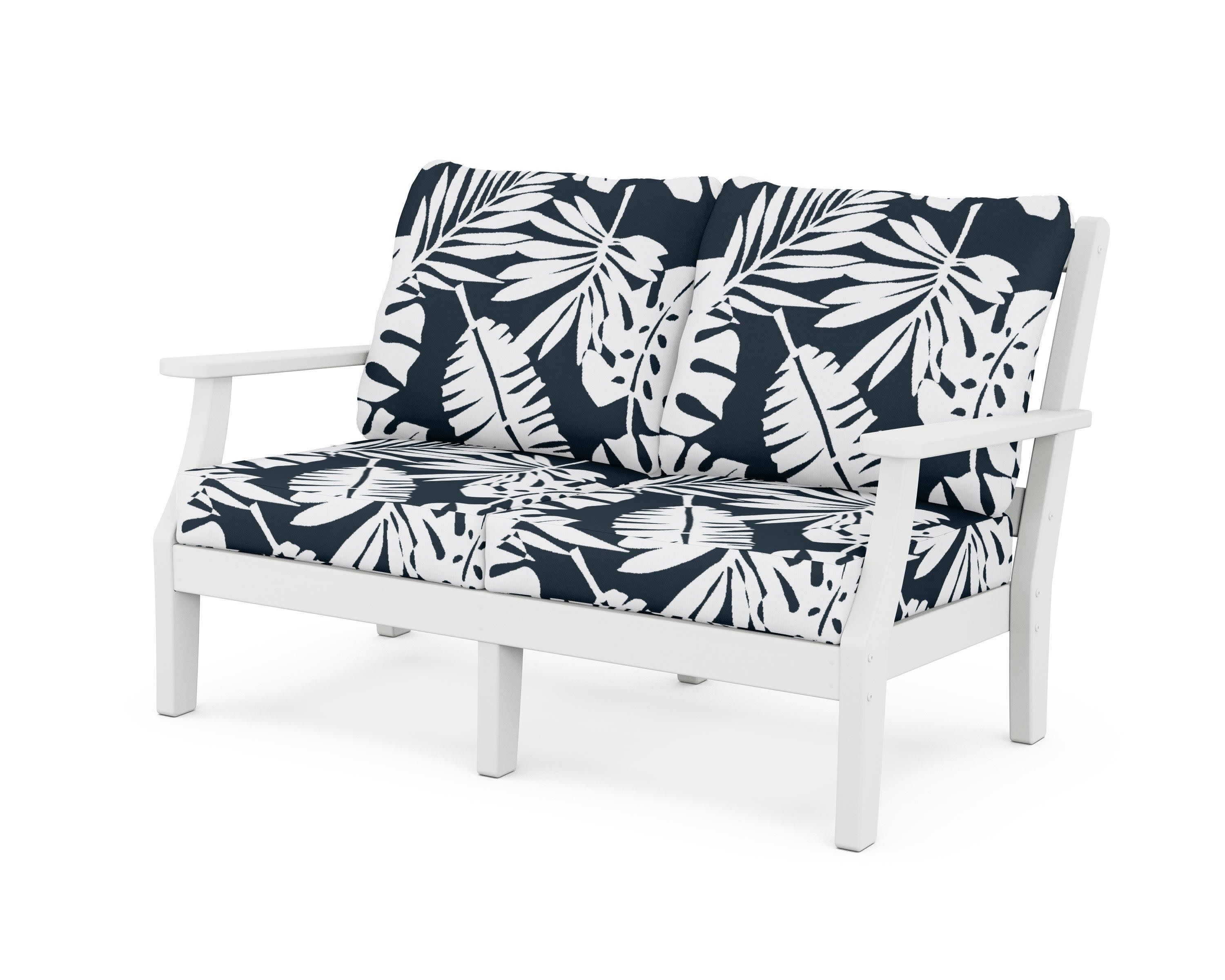 Chinoiserie Deep Seating Loveseat in White / Leaf Marine Indigo