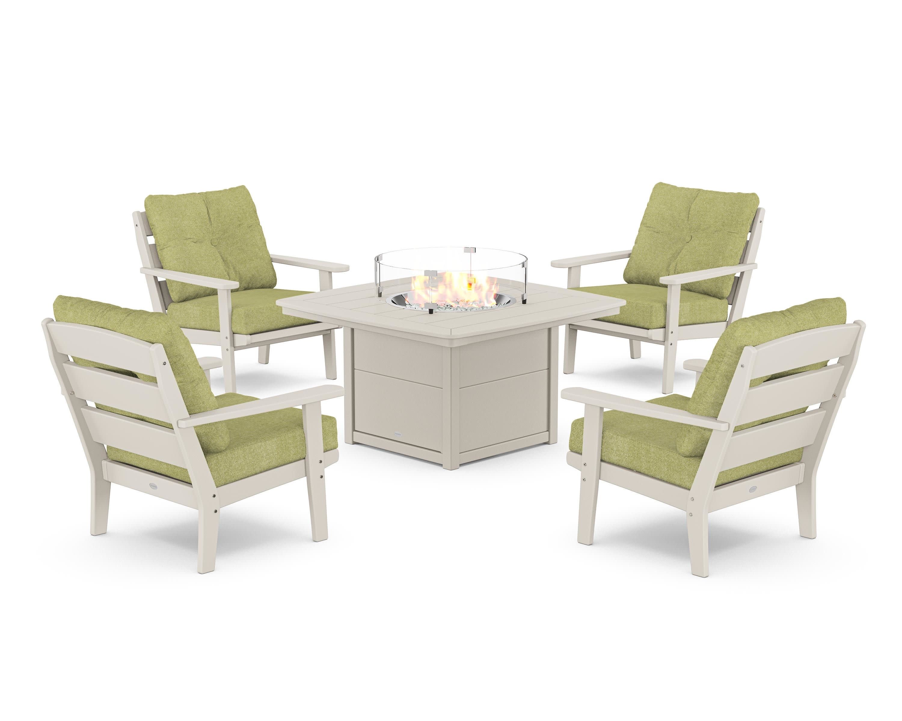 Lakeside 5-Piece Deep Seating Set with Nautical Fire Pit Table in Sand / Chartreuse Boucle