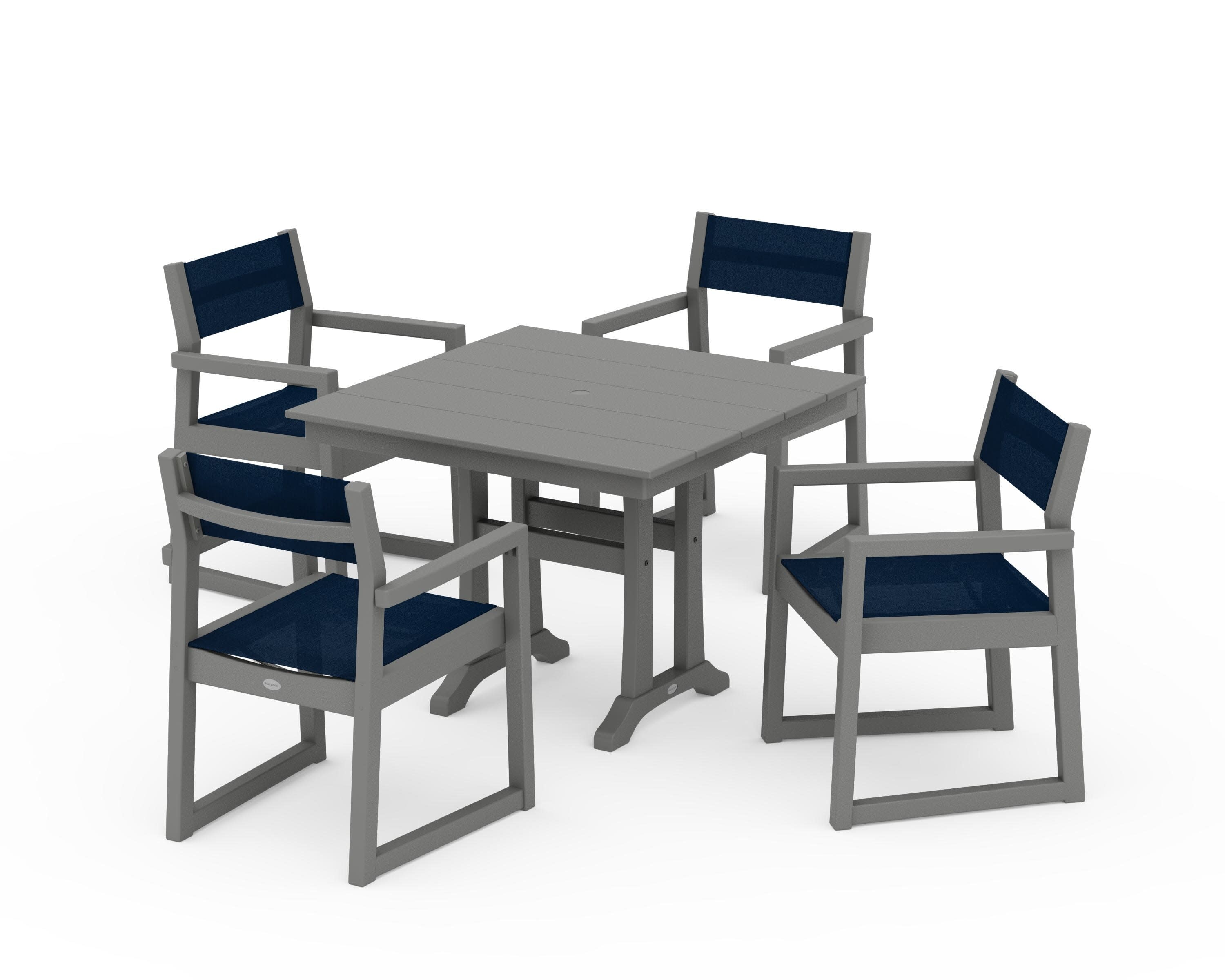 EDGE Sling 5-Piece Farmhouse Dining Set with Trestle Legs in Slate Grey / Navy Blue Sling