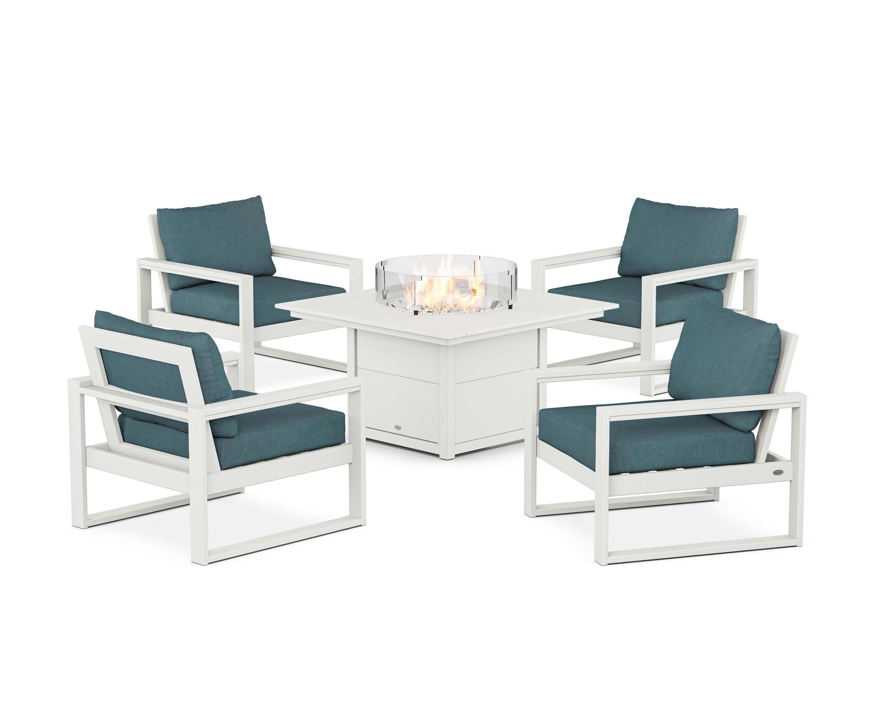 EDGE Sectional 5-Piece Deep Seating Set with Fire Pit Table in Vintage White / Ocean Teal