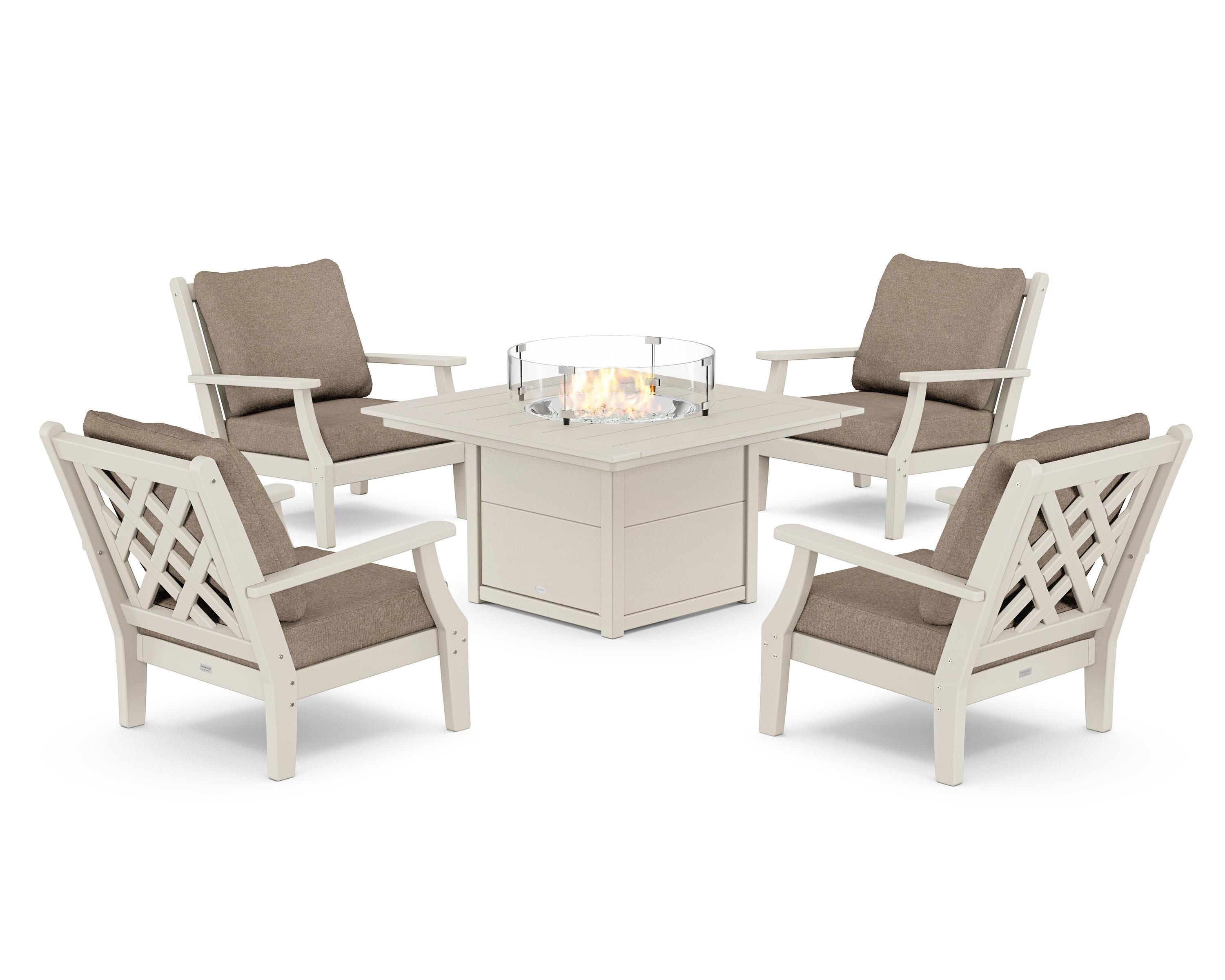 Wovendale 5-Piece Deep Seating Set with Fire Pit Table in Sand / Spiced Burlap