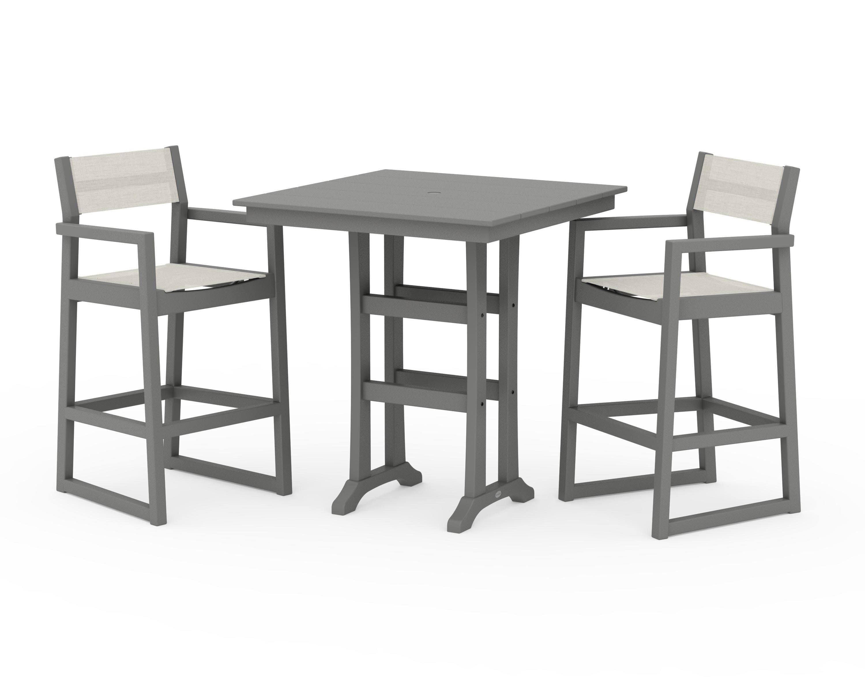 EDGE Sling Arm Chair 3-Piece Farmhouse Bar Set with Trestle Legs in Slate Grey / Parchment Sling