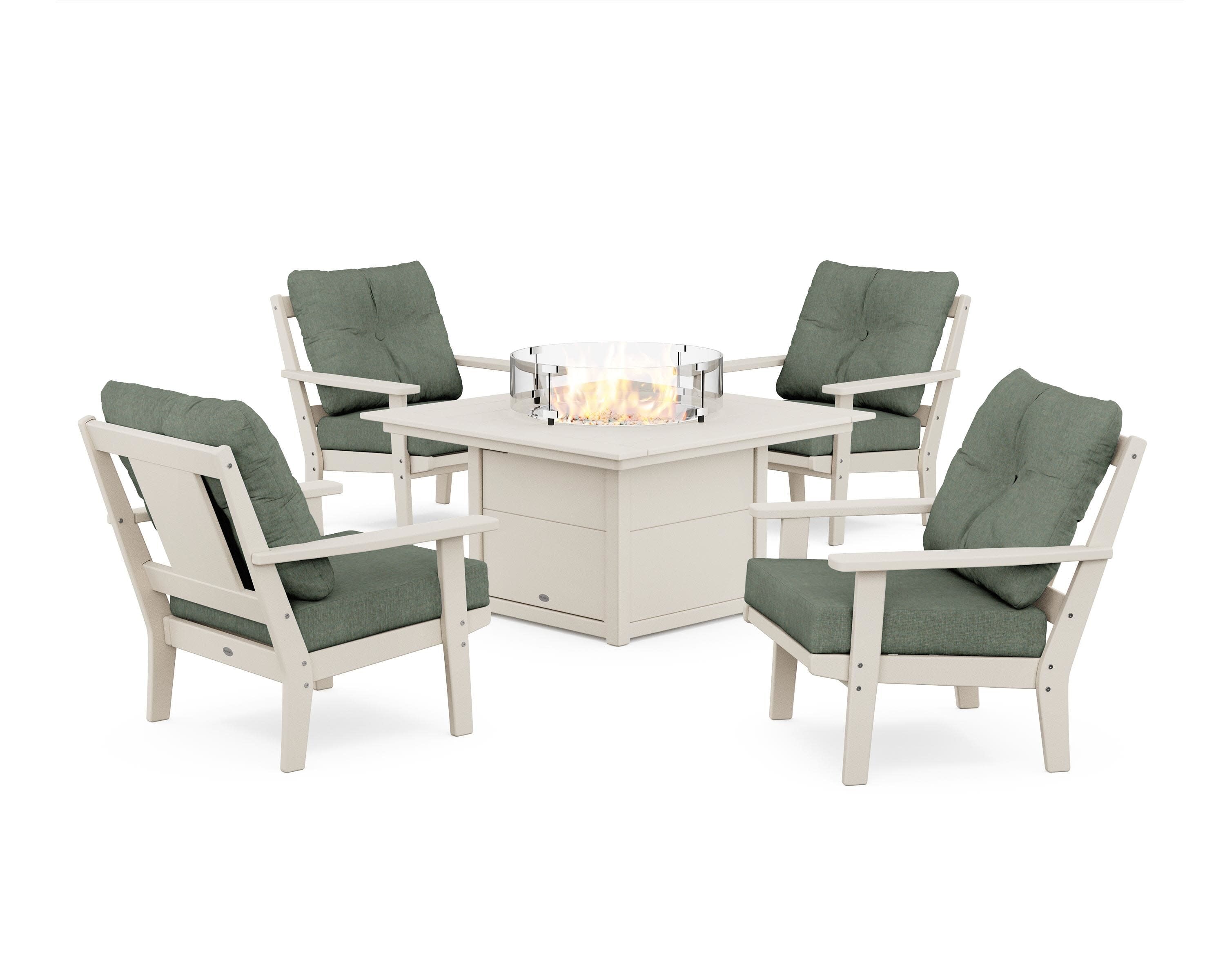 Prairie 5-Piece Deep Seating Set with Fire Pit Table in Sand / Cast Sage
