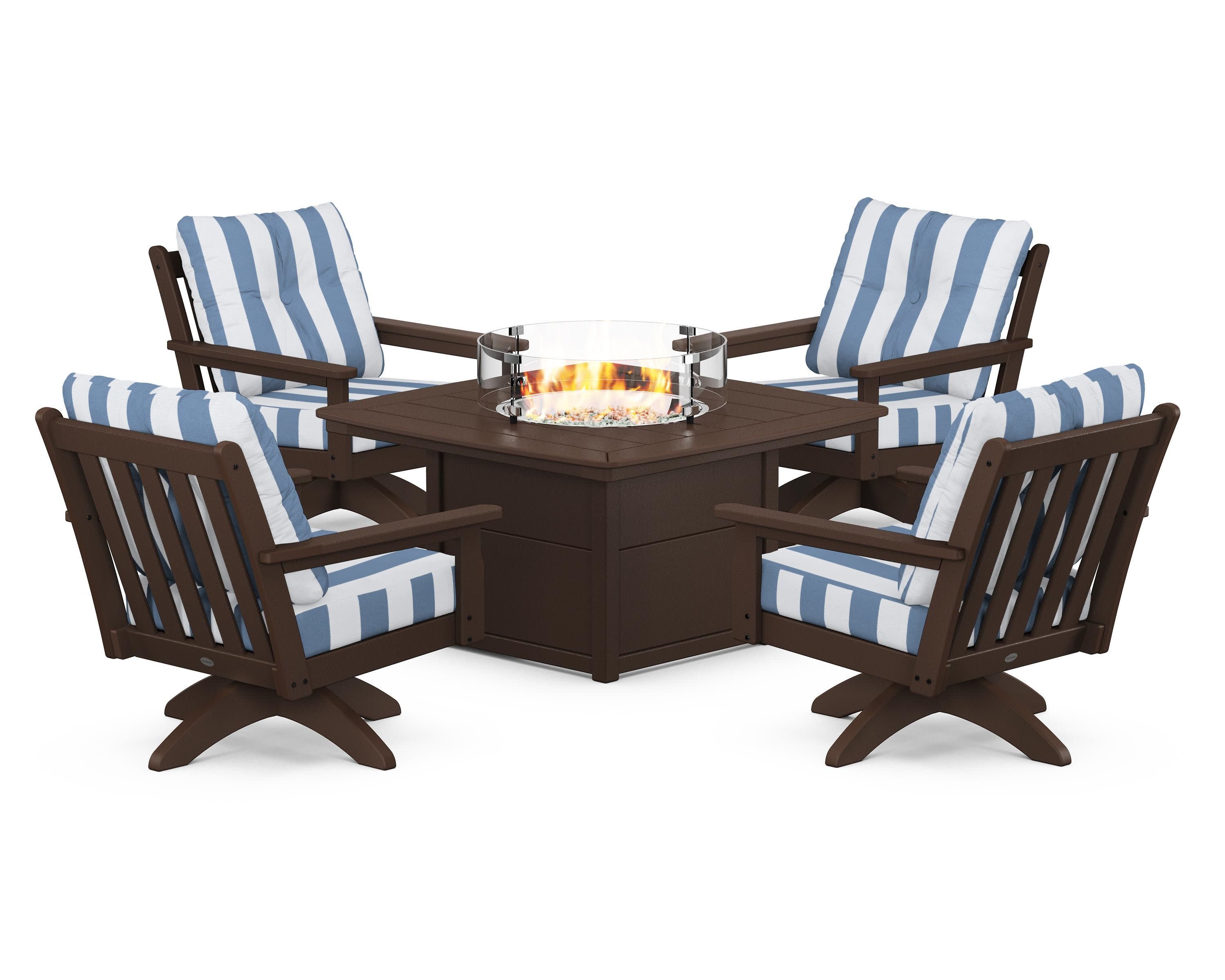 Vineyard 5-Piece Deep Seating Swivel Conversation Set with Fire Pit Table in Mahogany / Cabana Stripe Sky Blue