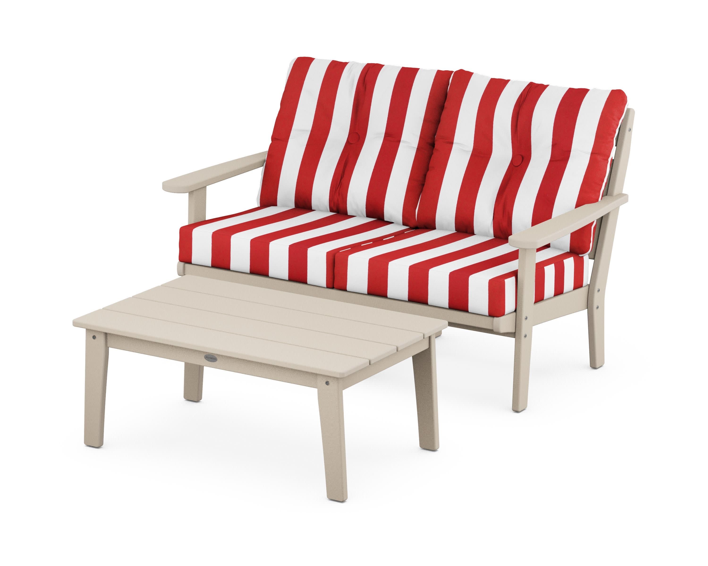 Lakeside 2-Piece Lounge Loveseat Set in Sand / Cabana Stripe Crimson
