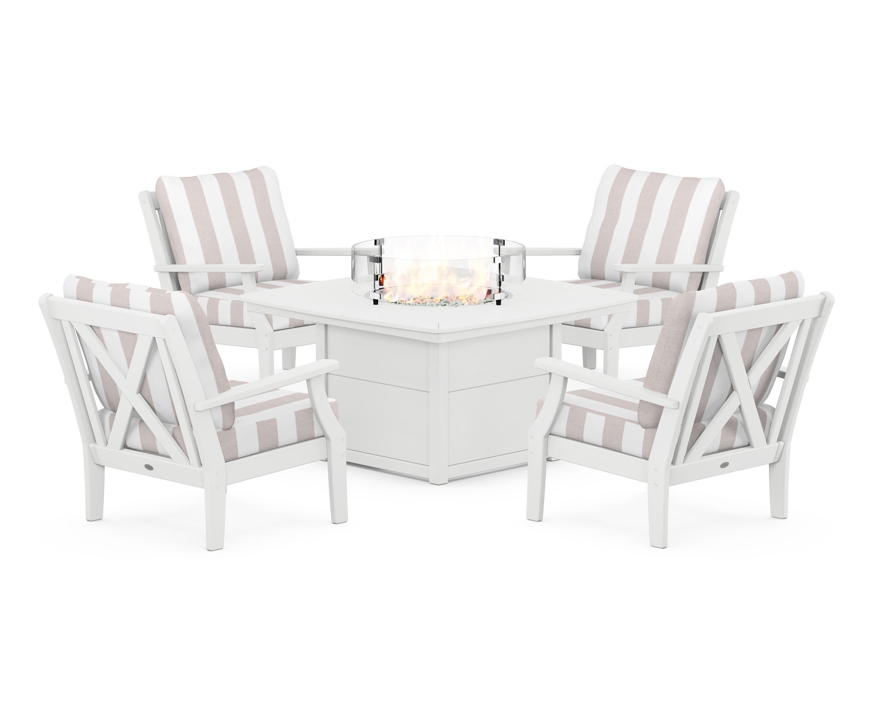 Braxton 5-Piece Deep Seating Conversation Set with Fire Pit Table in White / Cabana Stripe Dune Burlap