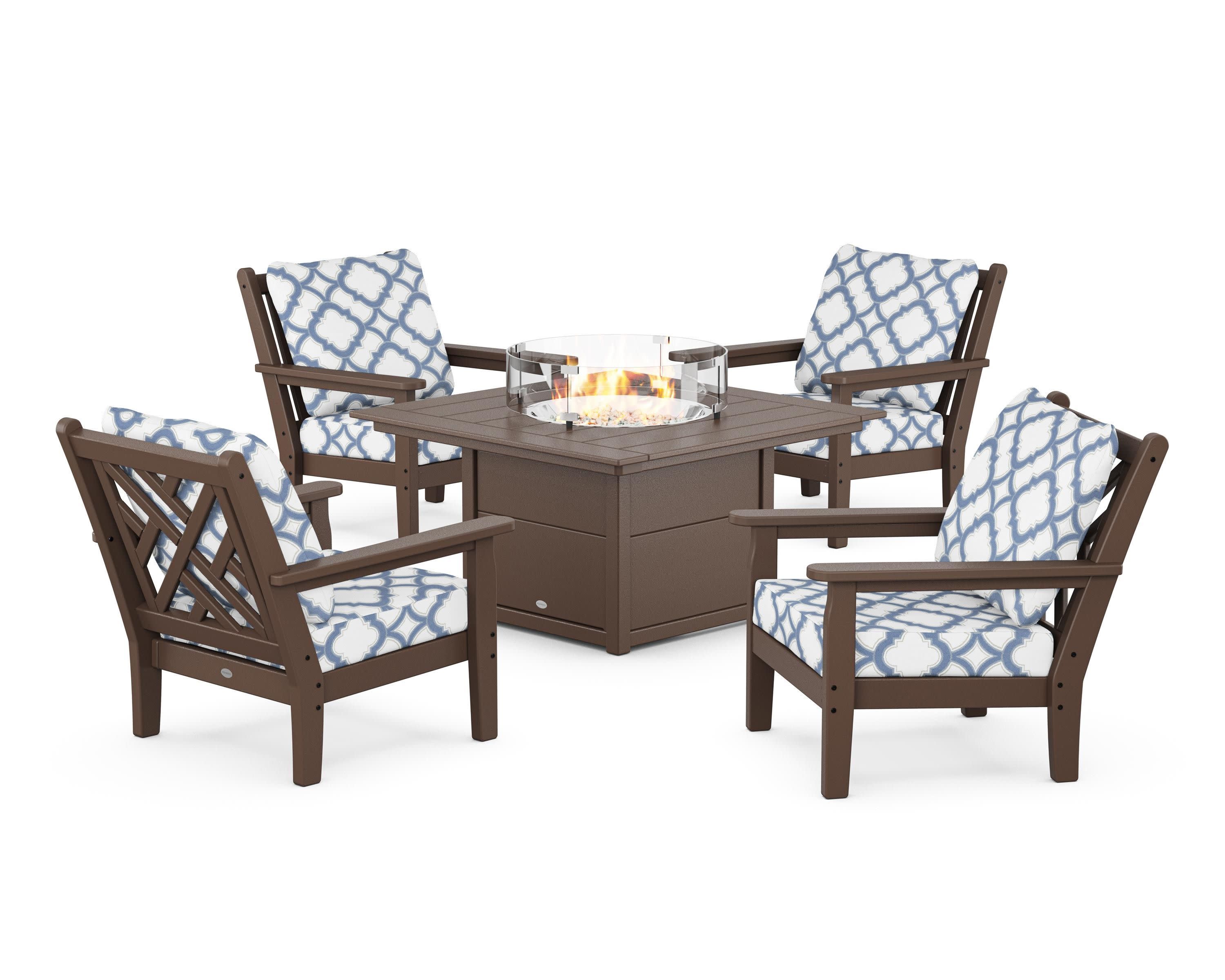 Chippendale 5-Piece Deep Seating Set with Fire Pit Table in Mahogany / Trellis Sky Blue