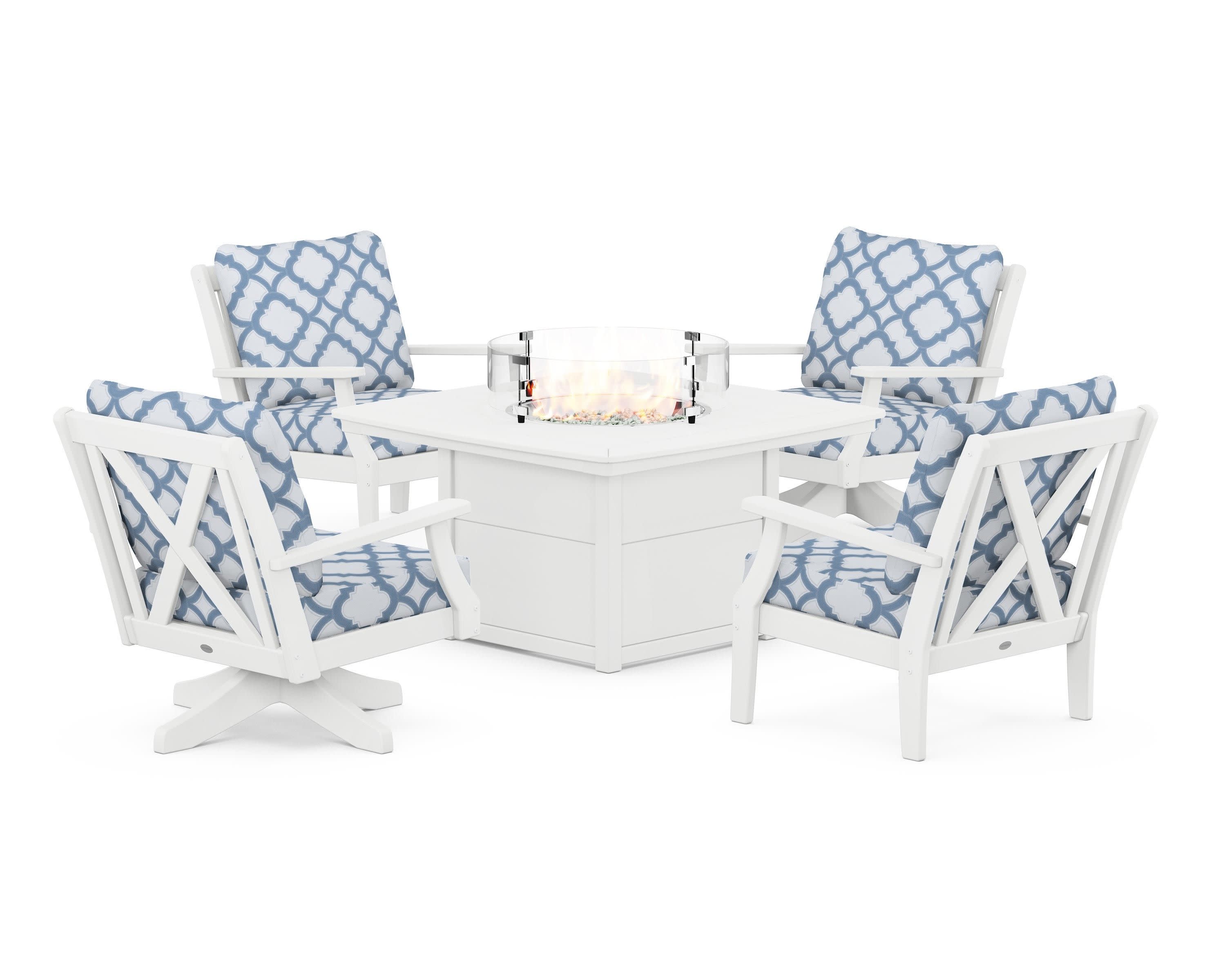 Braxton 5-Piece Deep Seating Set with Fire Table in White / Trellis Sky Blue