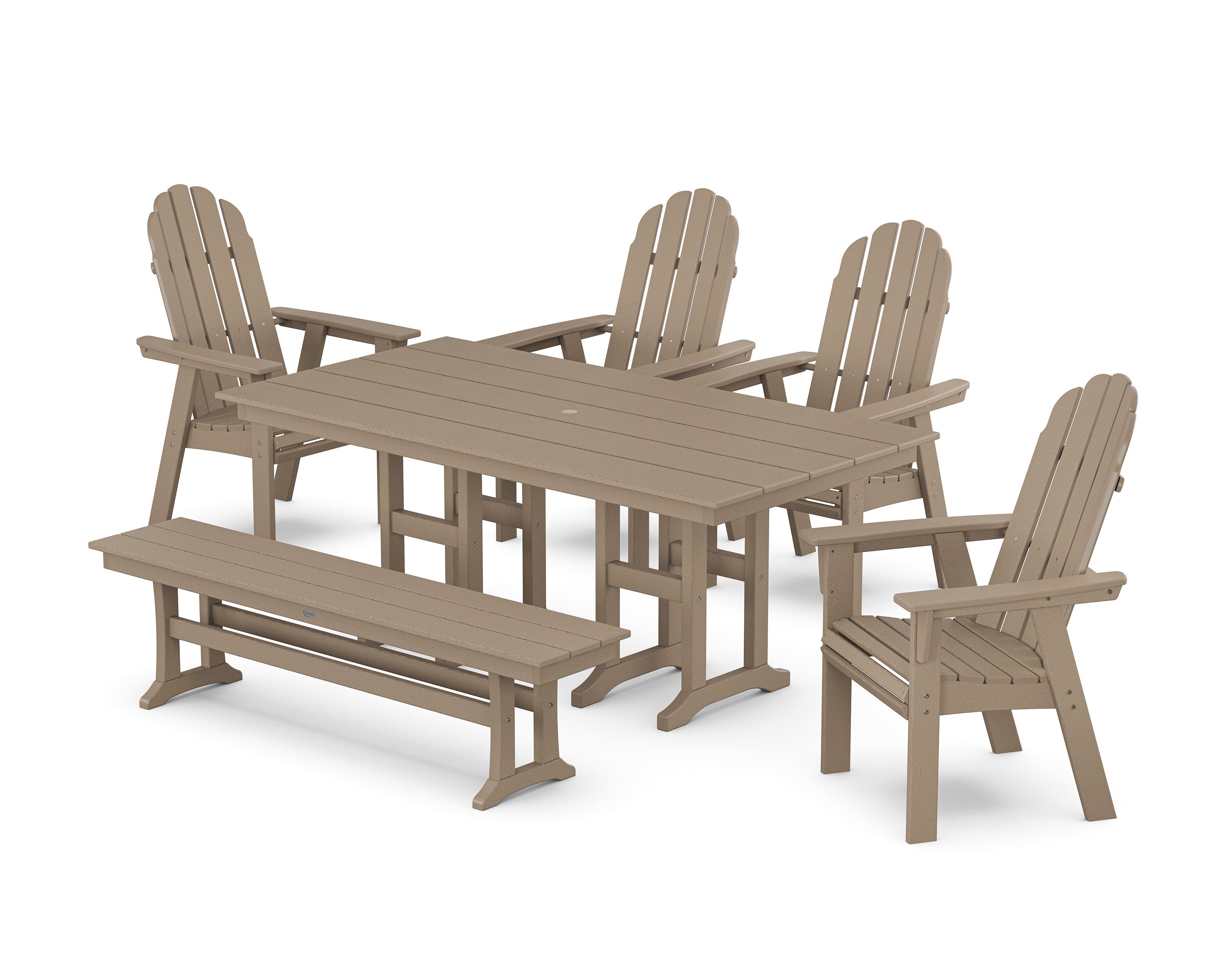 Vineyard Curveback Adirondack Chair 6-Piece Farmhouse Dining Set with Bench in Vintage Sahara