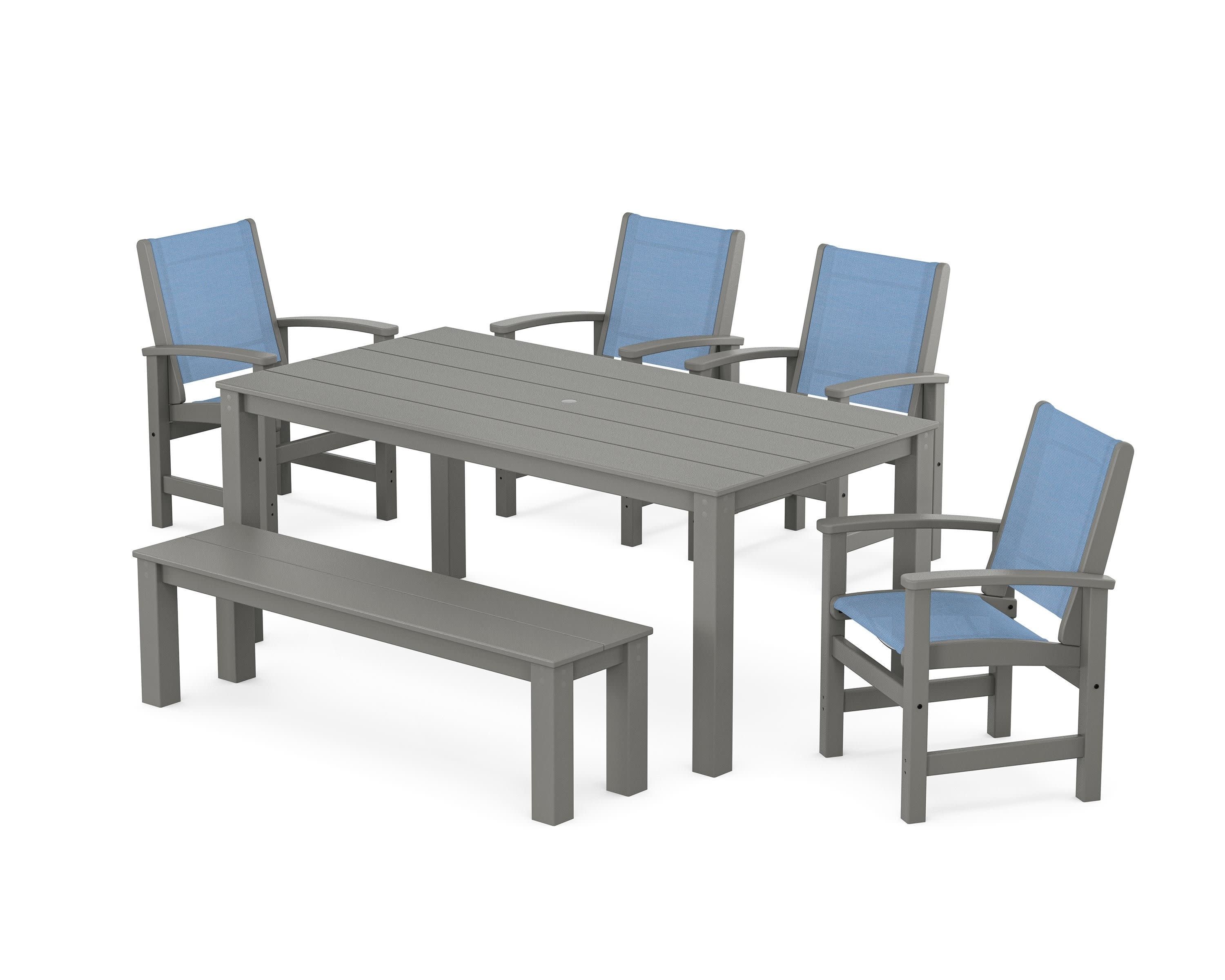 Coastal 6-Piece Parsons Dining Set with Bench in Slate Grey / Poolside Sling