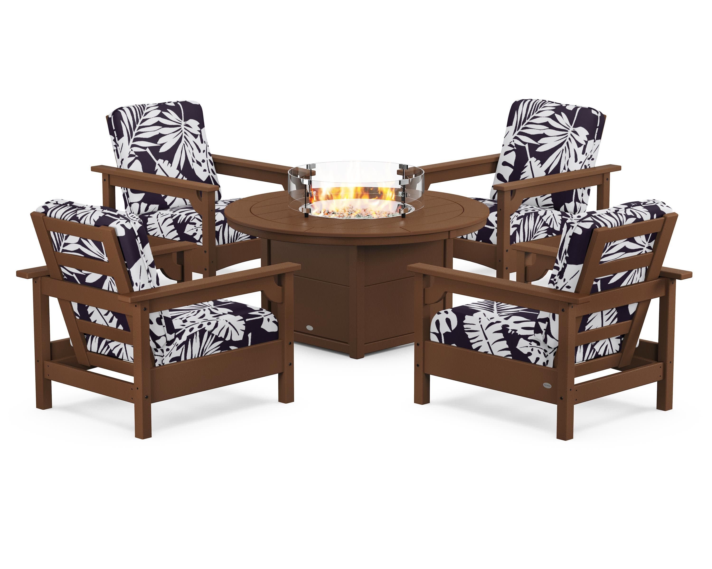 Club 5-Piece Conversation Set with Fire Pit Table in Teak / Leaf Navy