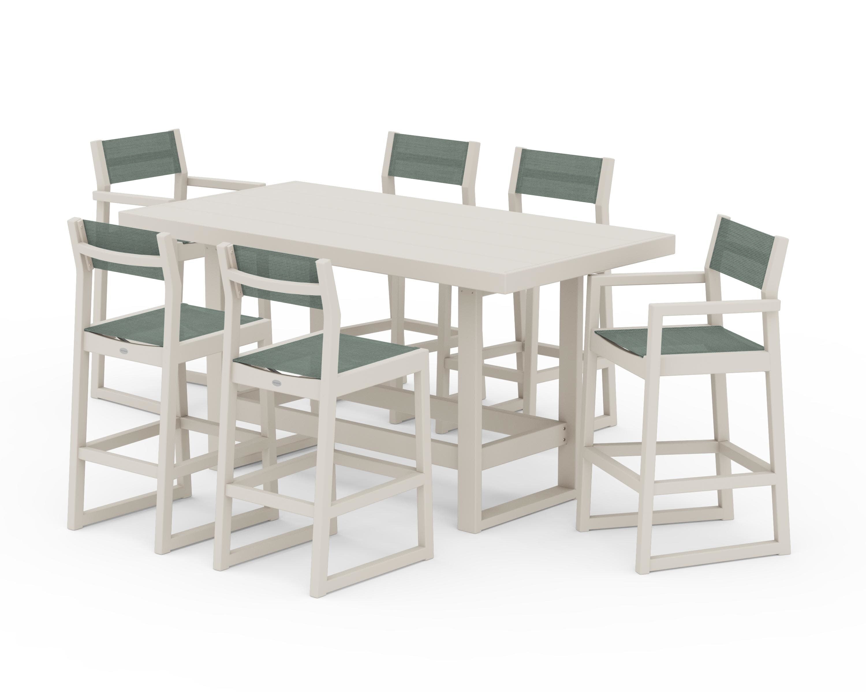 EDGE Sling 7-Piece Bar Table Set in Sand / Dupioni Sea Mist Sling