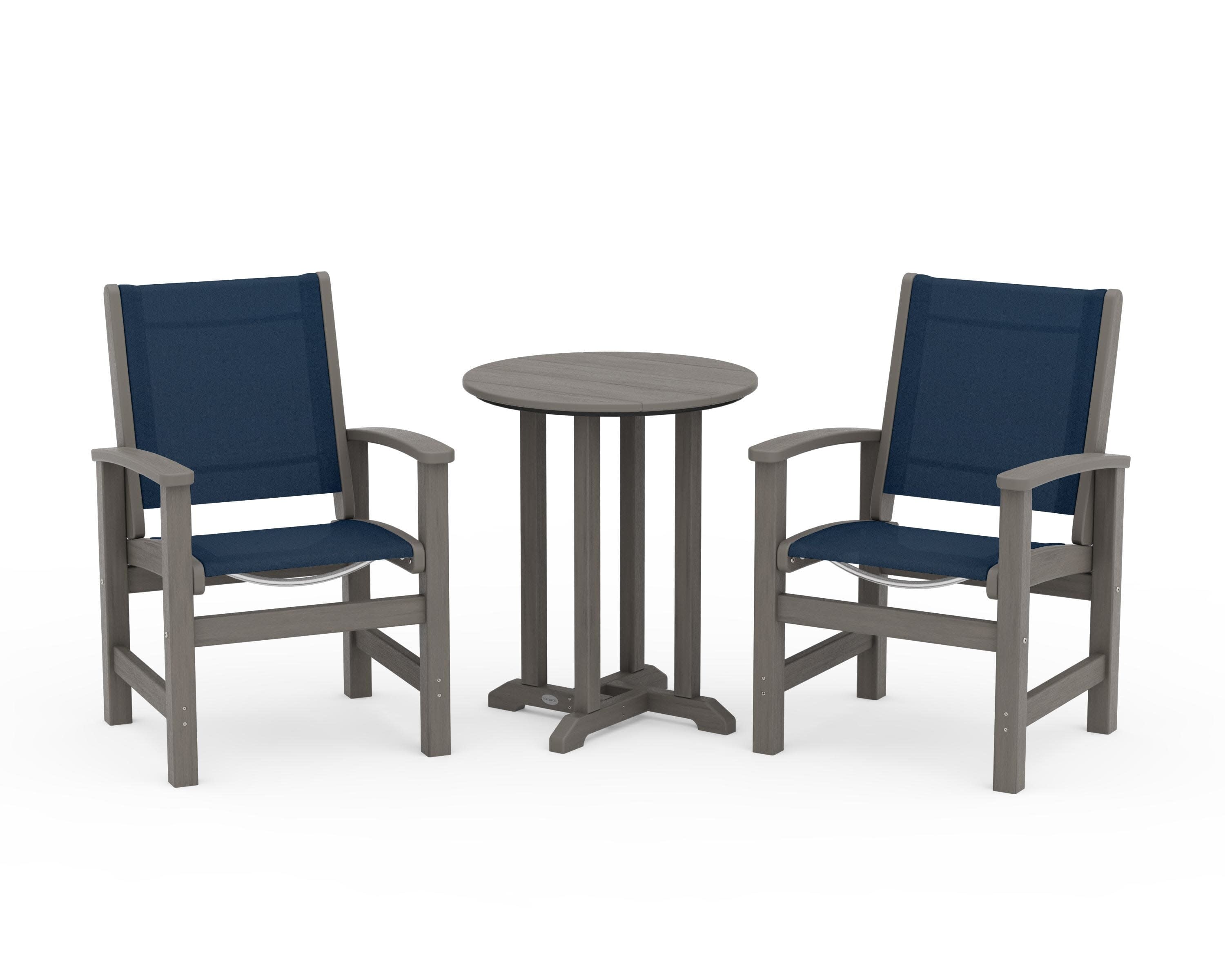 Coastal 3-Piece Round Bistro Dining Set in Driftwood / Navy Blue Sling