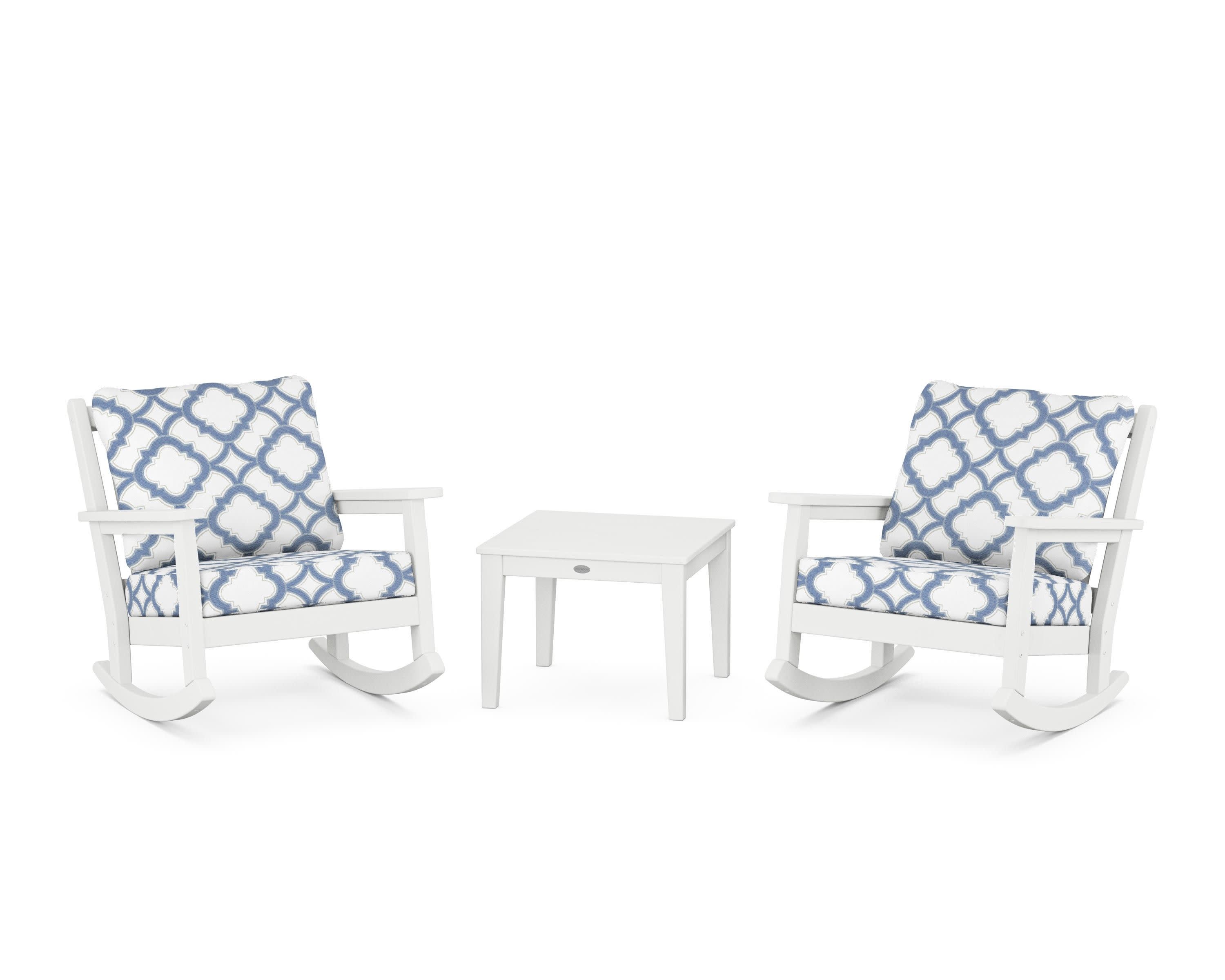 Chippendale 3-Piece Deep Seating Rocker Set in White / Trellis Sky Blue
