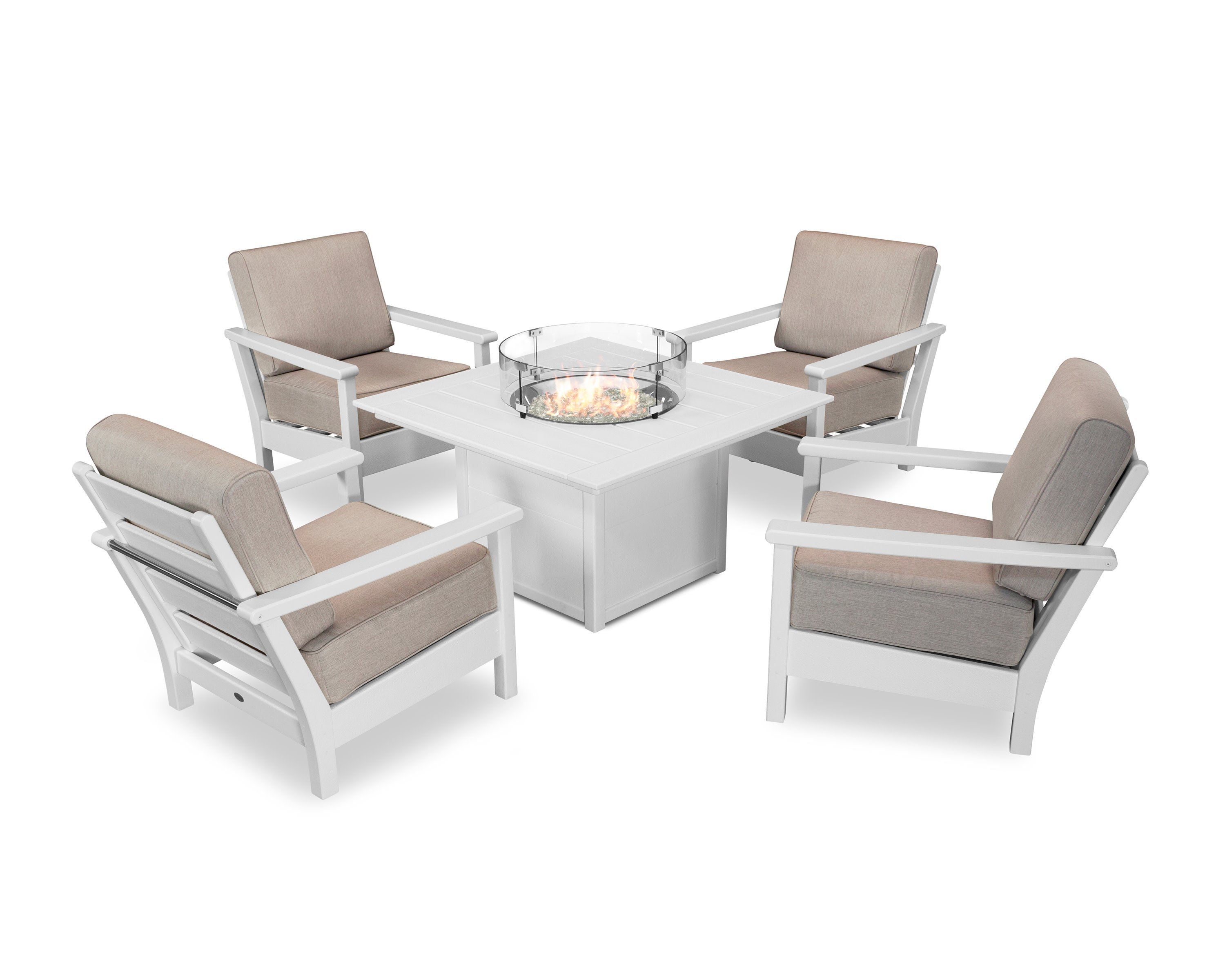 Harbour 5-Piece Conversation Set with Fire Pit Table in White / Cast Ash