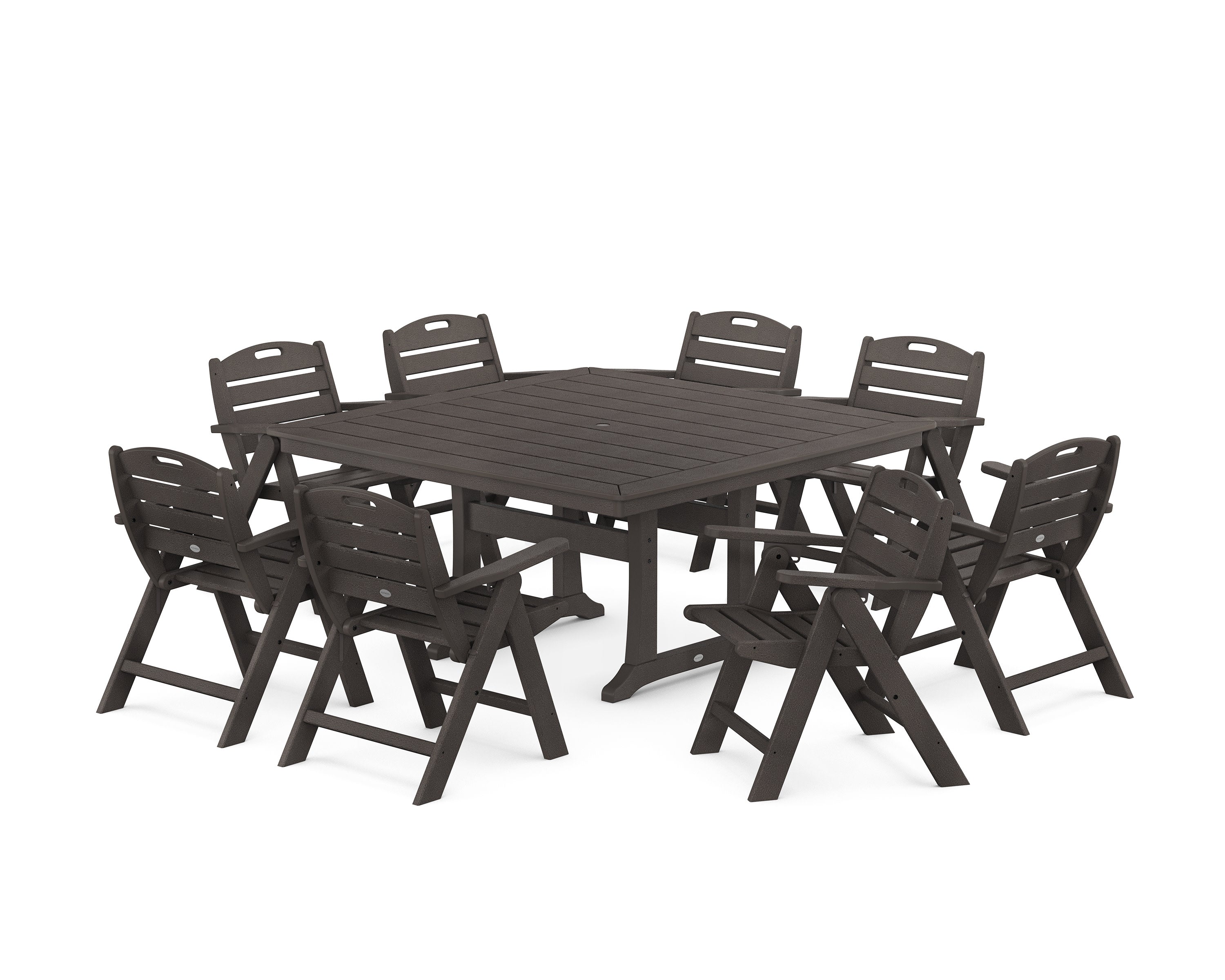 Nautical Lowback 9-Piece Square Dining Set with Trestle Legs in Vintage Coffee