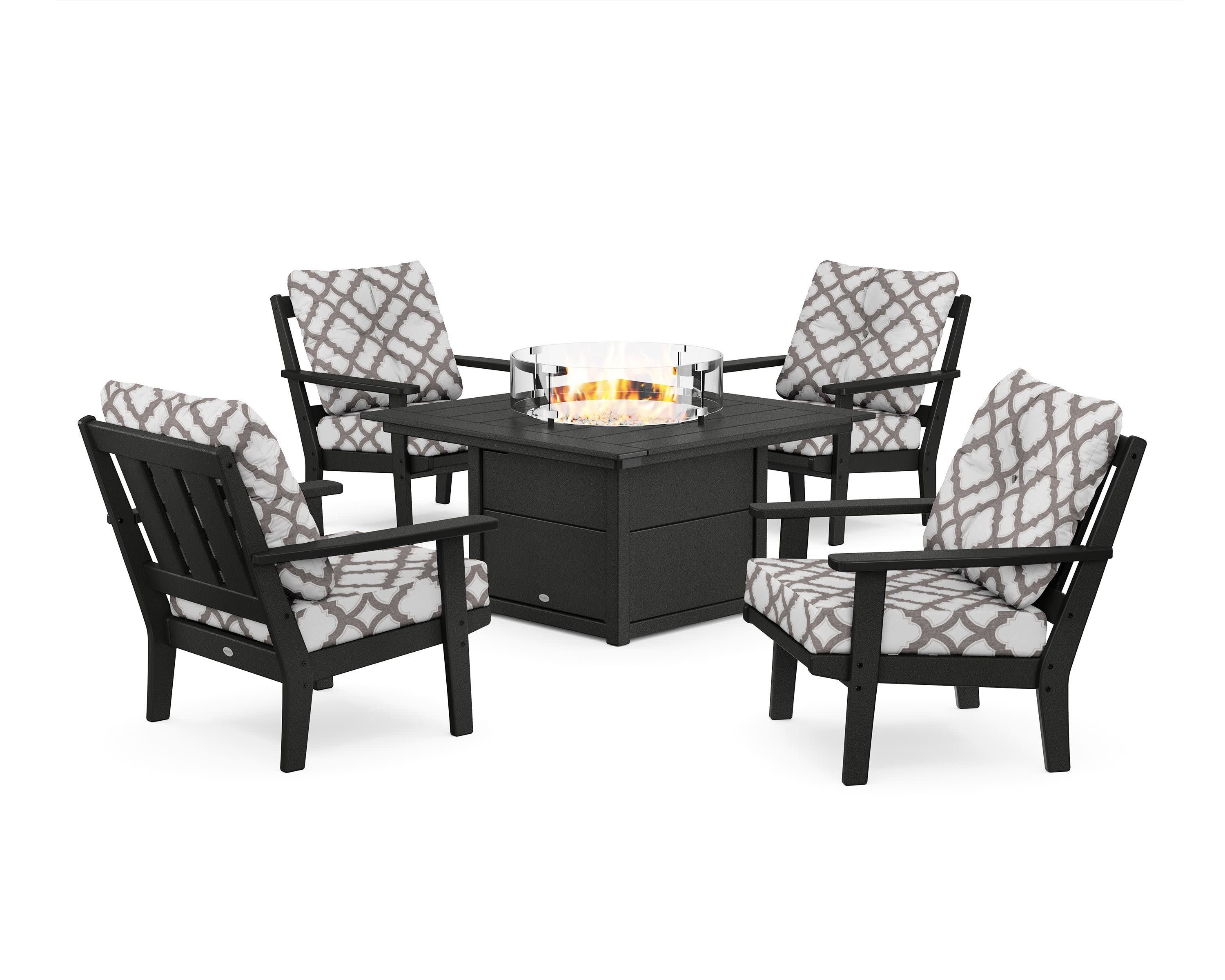 Oxford 5-Piece Deep Seating Set with Fire Pit Table in Black / Trellis Grey Mist