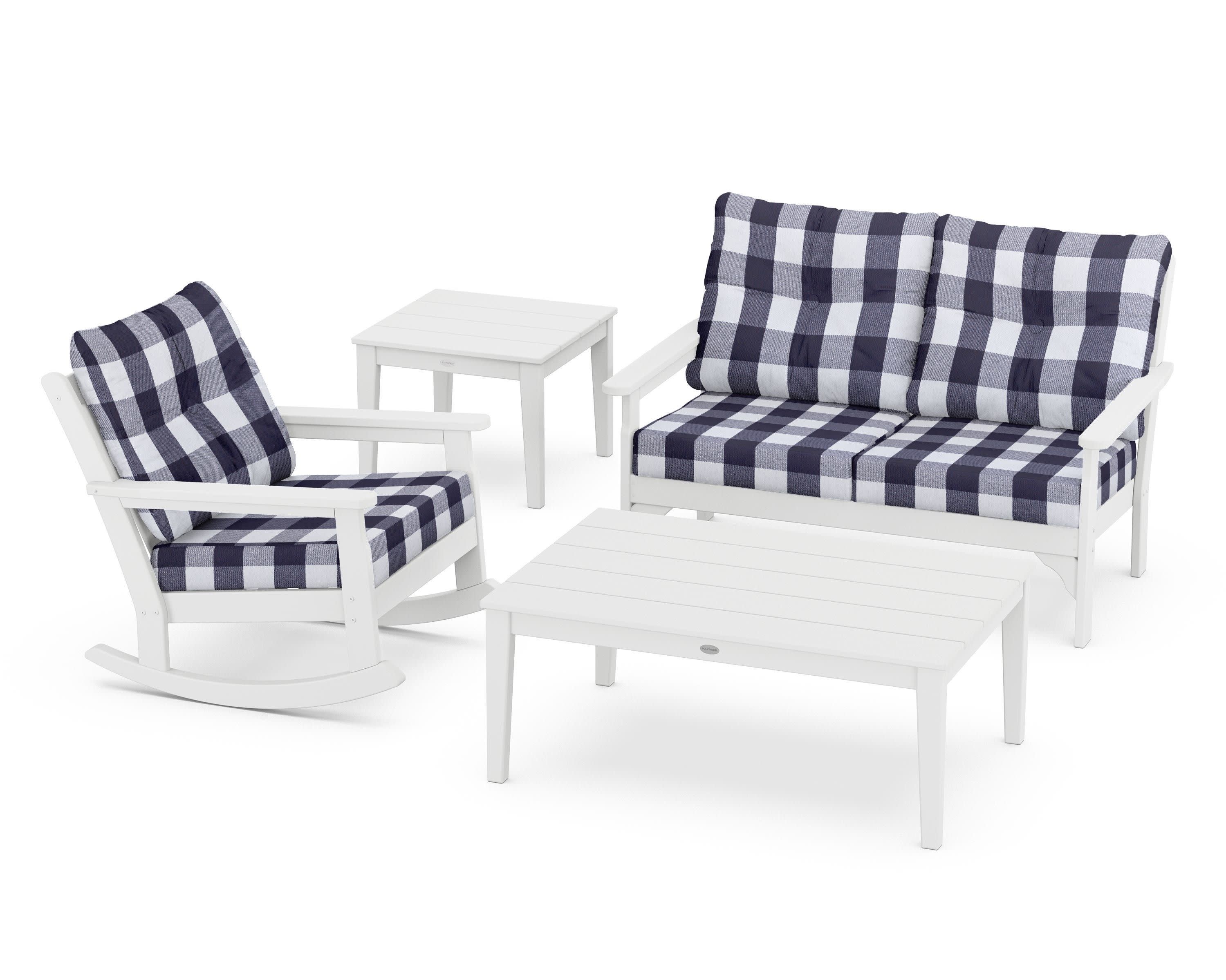 Vineyard 4-Piece Deep Seating Rocker Set in White / Buffalo Plaid Navy
