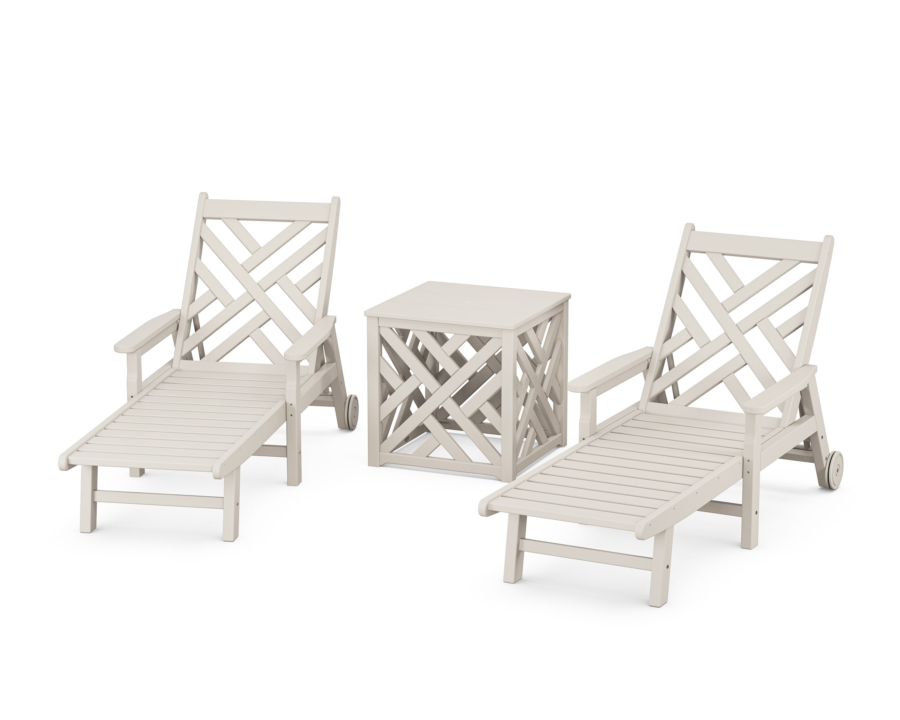 Chippendale 3-Piece Chaise Set with Umbrella Stand Accent Table in Sand
