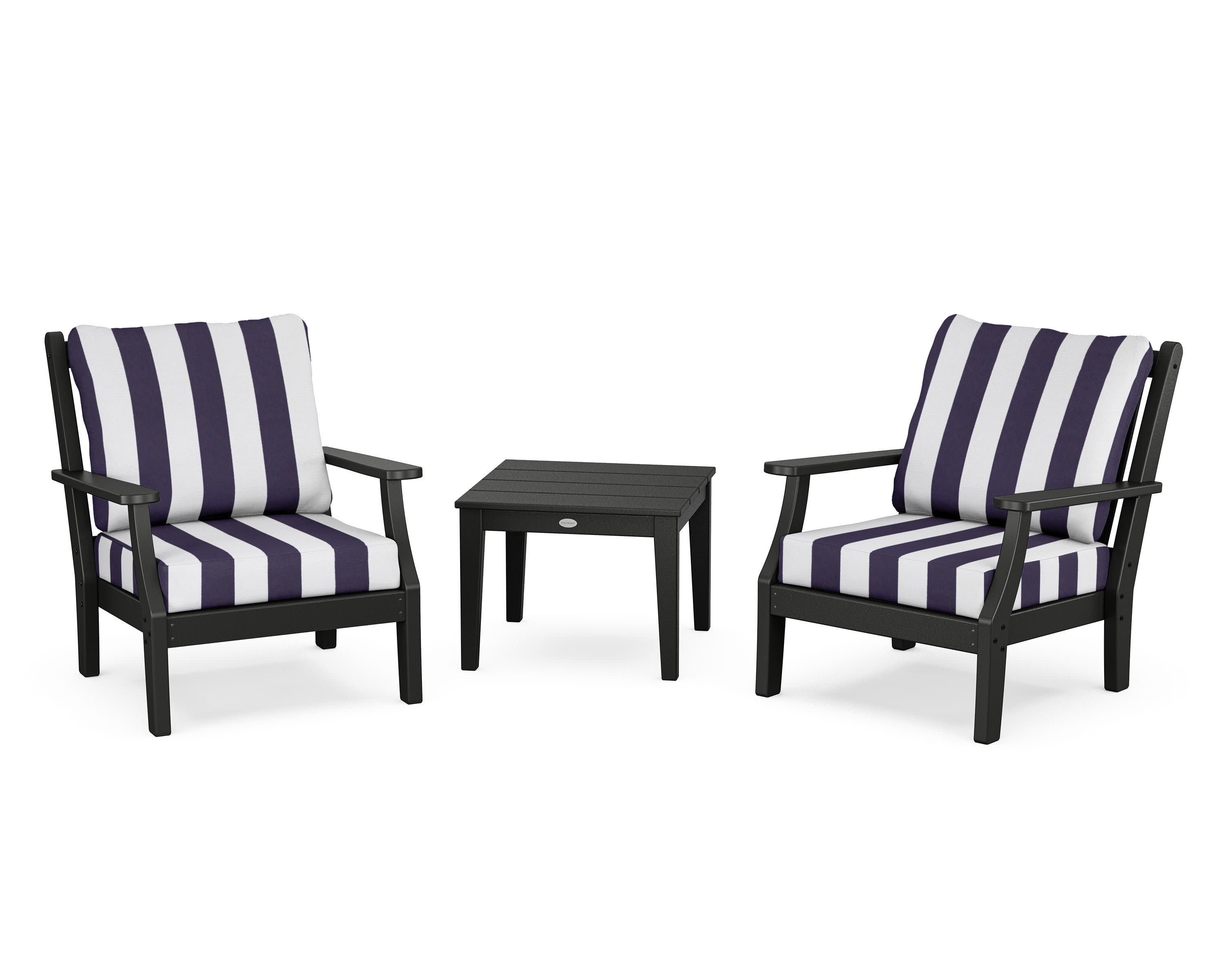 Wovendale 3-Piece Deep Seating Set in Black / Cabana Stripe Navy