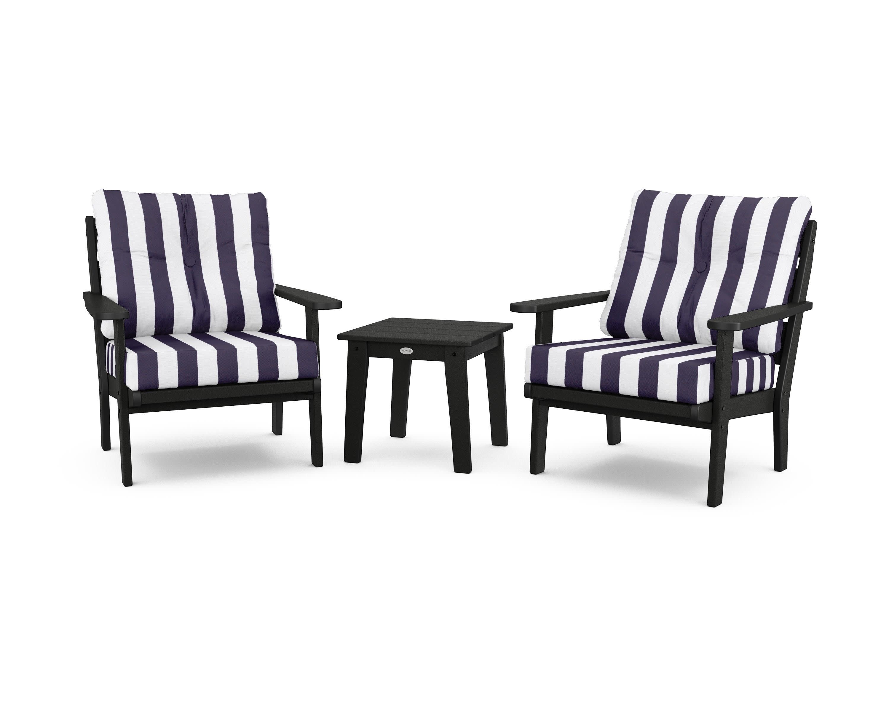 Lakeside 3-Piece Deep Seating Chair Set in Black / Cabana Stripe Navy
