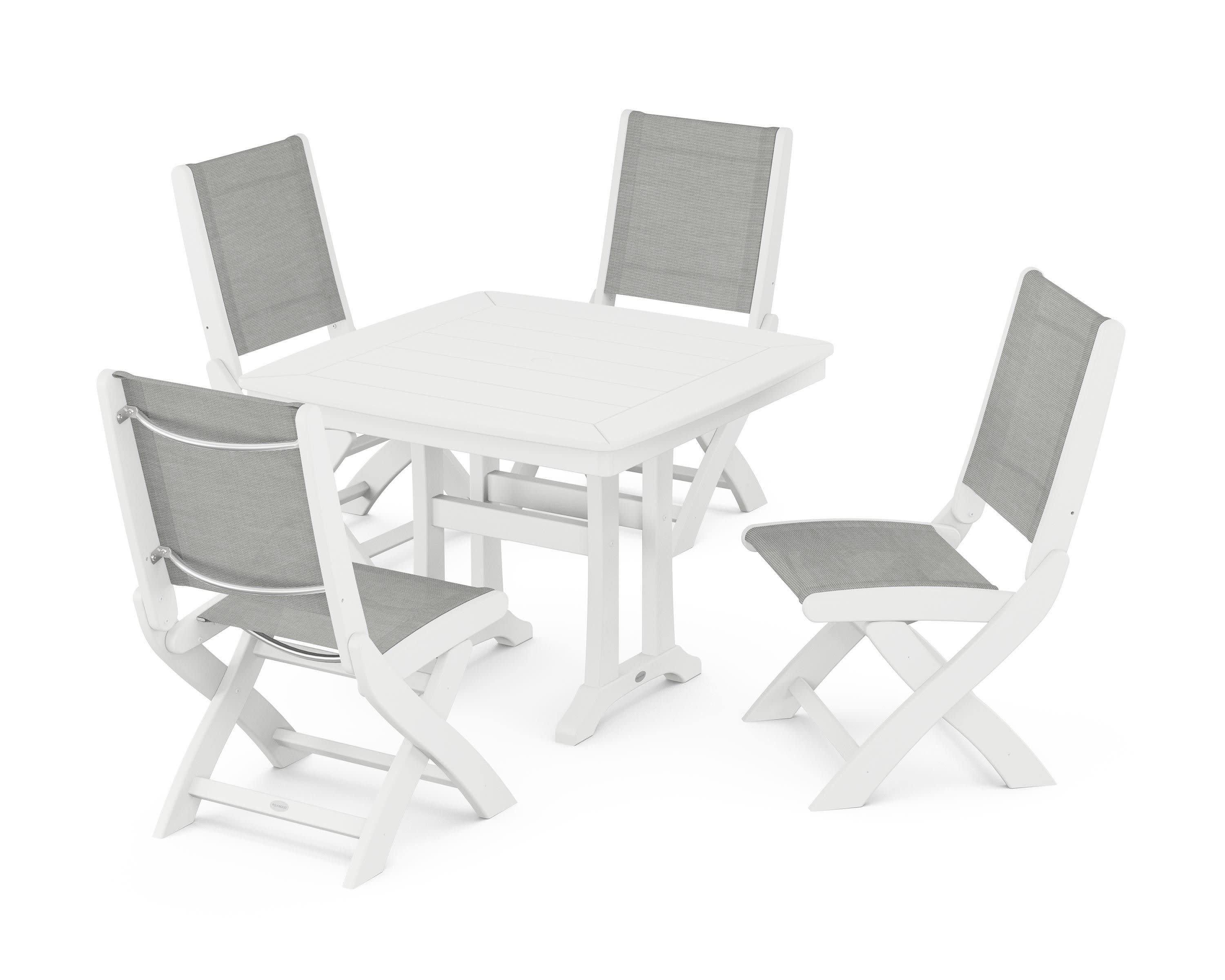 Coastal Folding Side Chair 5-Piece Dining Set with Trestle Legs in White / Metallic Sling