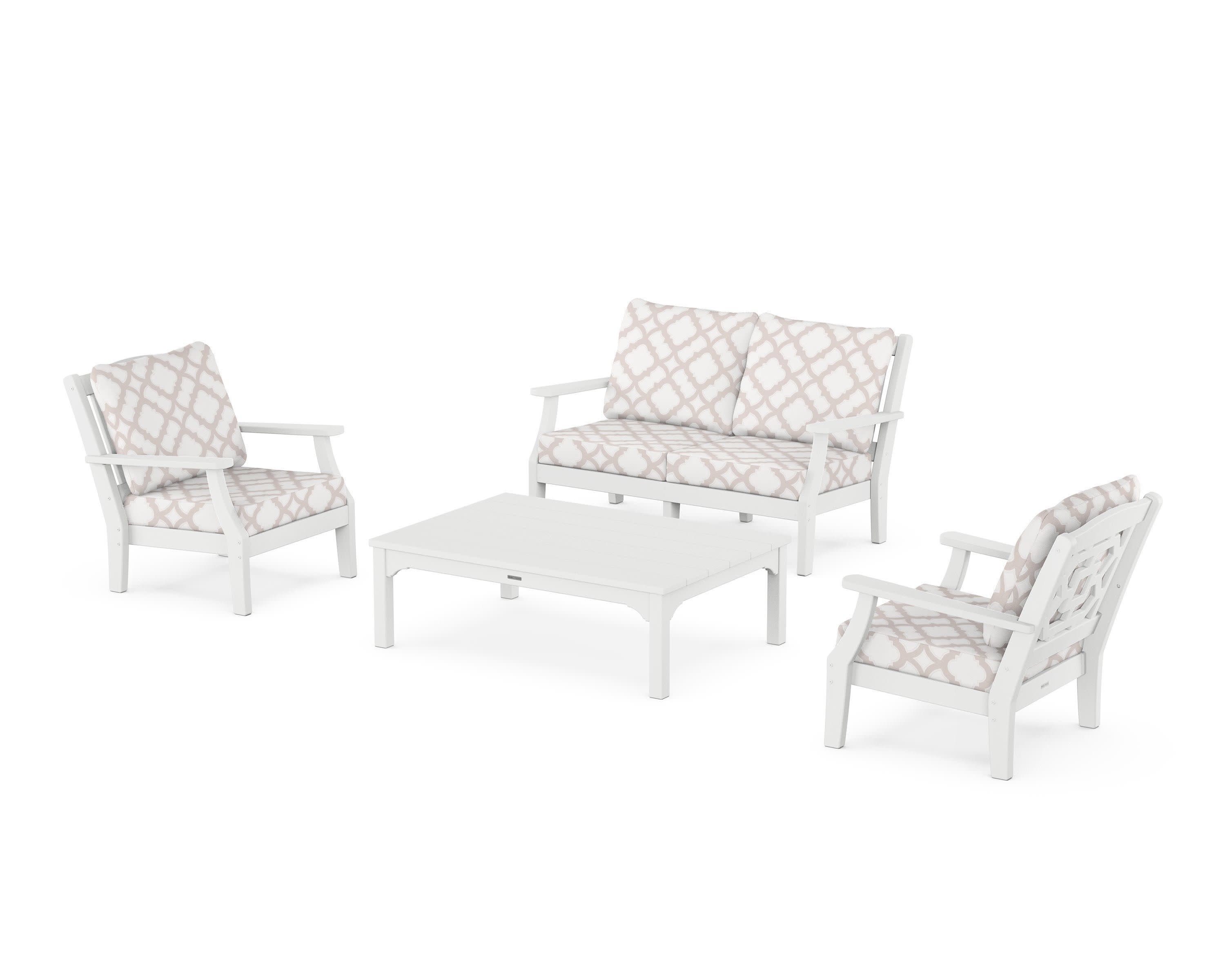 Chinoiserie 4-Piece Deep Seating Set with Loveseat in White / Trellis Dune Burlap
