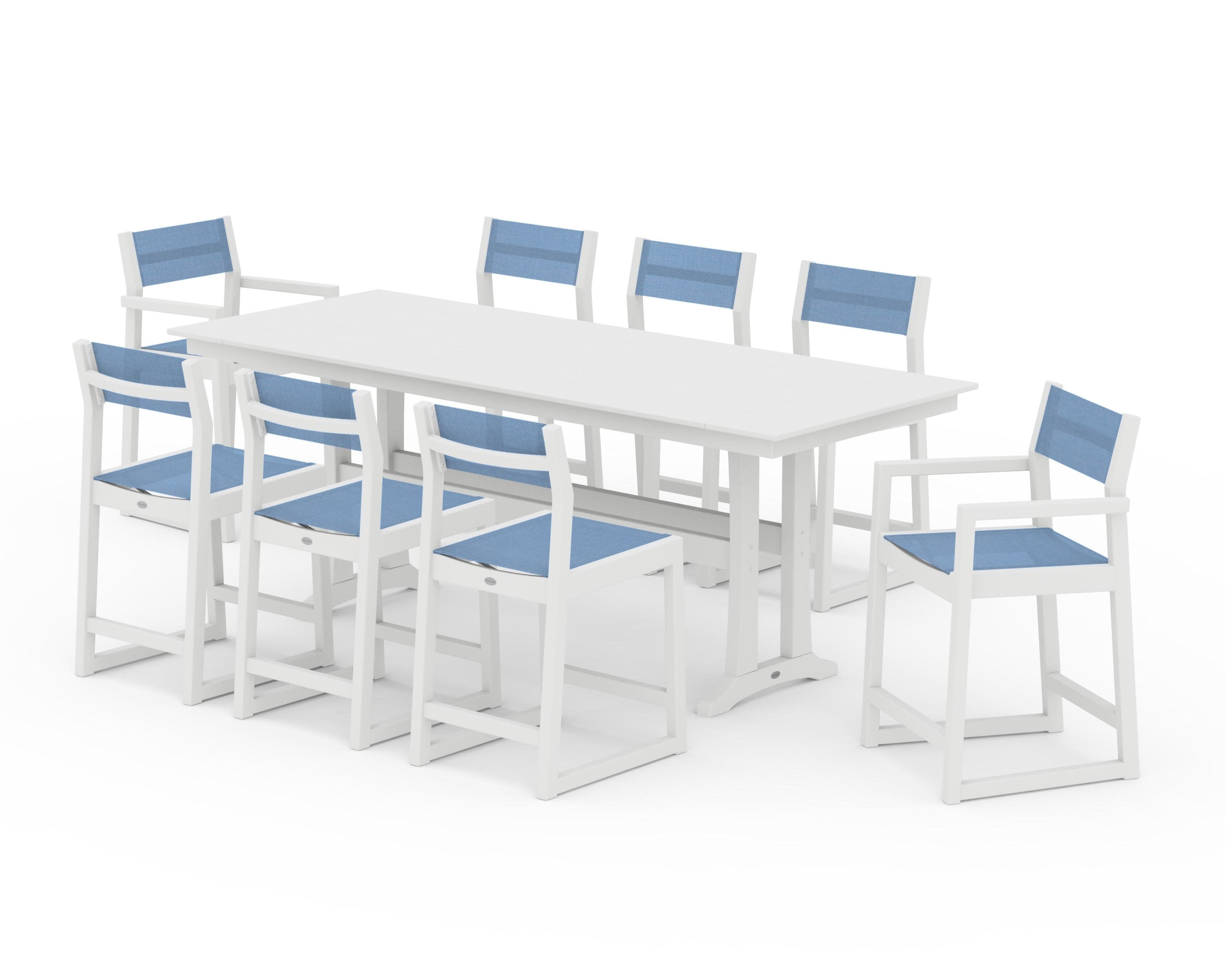 EDGE Sling 9-Piece Farmhouse Counter Set with Trestle Legs in White / Poolside Sling