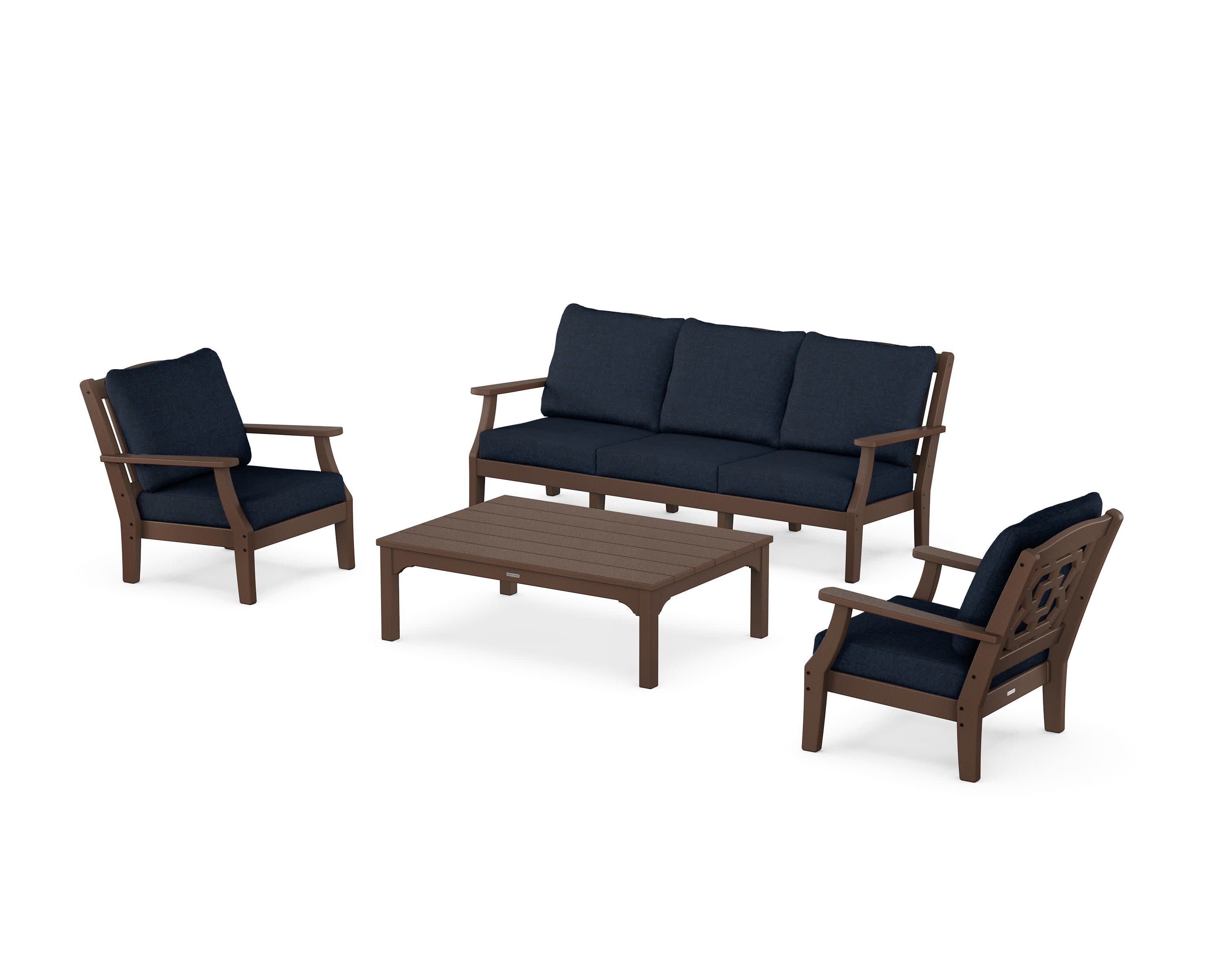 Chinoiserie 4-Piece Deep Seating Set with Sofa in Mahogany / Marine Indigo