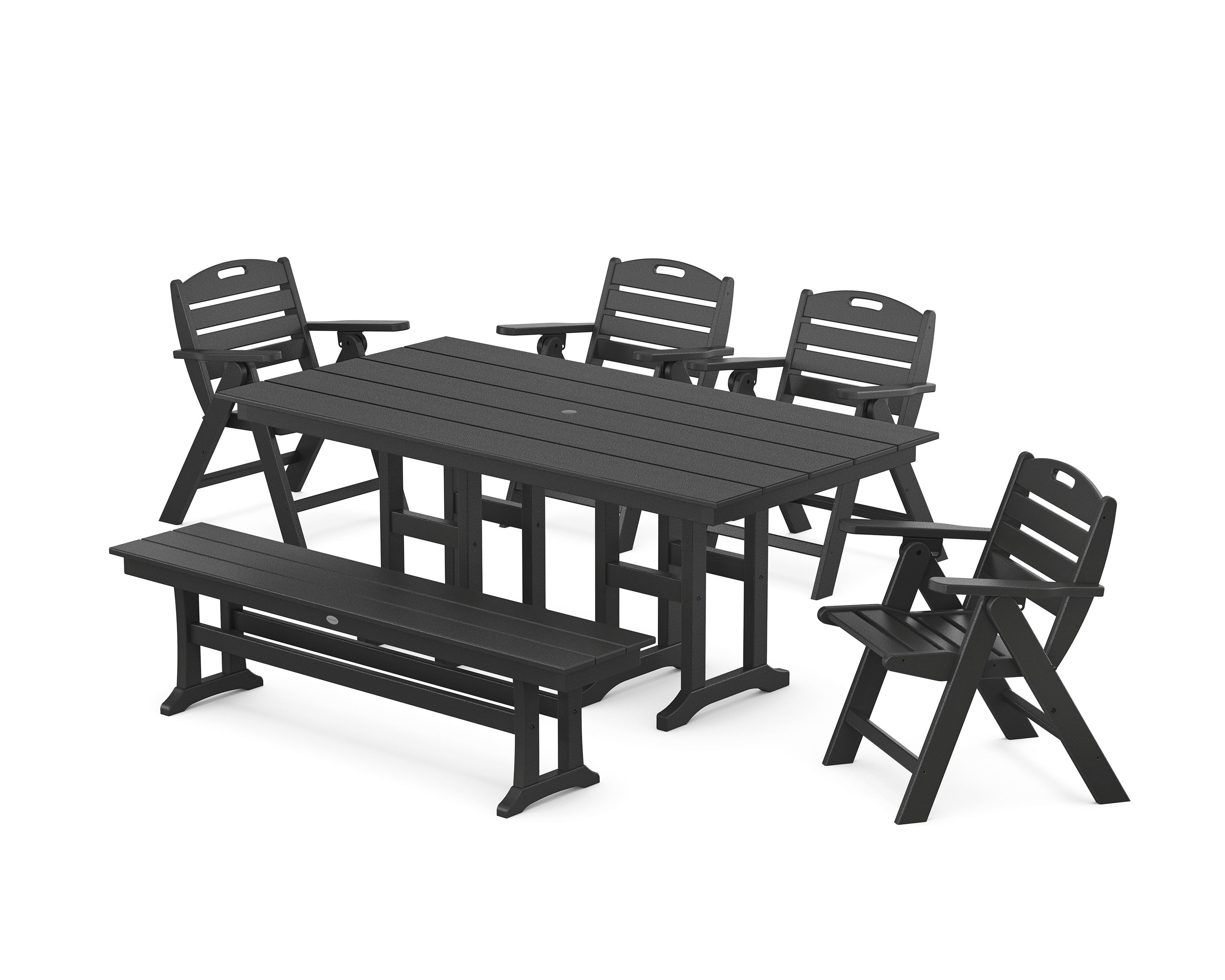 Nautical Lowback 6-Piece Farmhouse Dining Set with Bench in Black