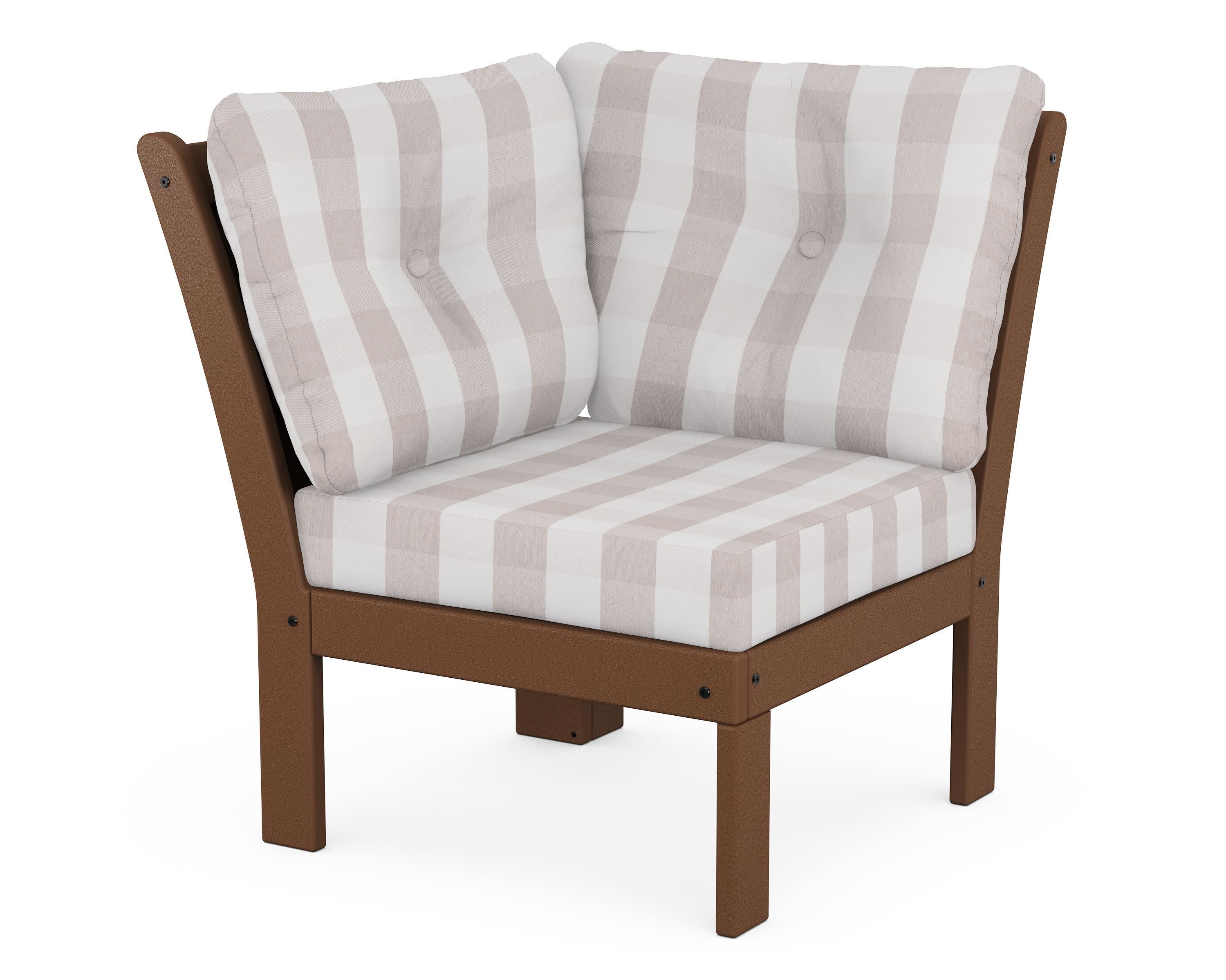 Vineyard Modular Corner Chair in Teak / Buffalo Plaid Dune Burlap