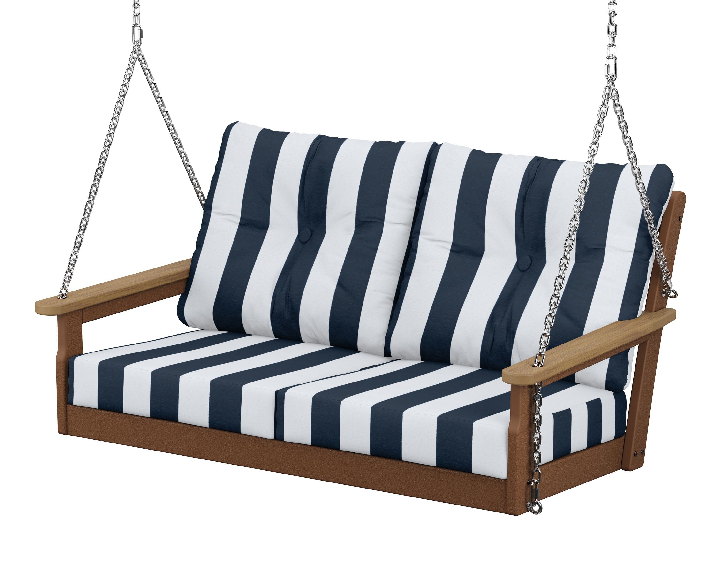 Vineyard Deep Seating Swing in Teak / Natural / Cabana Stripe Marine Indigo