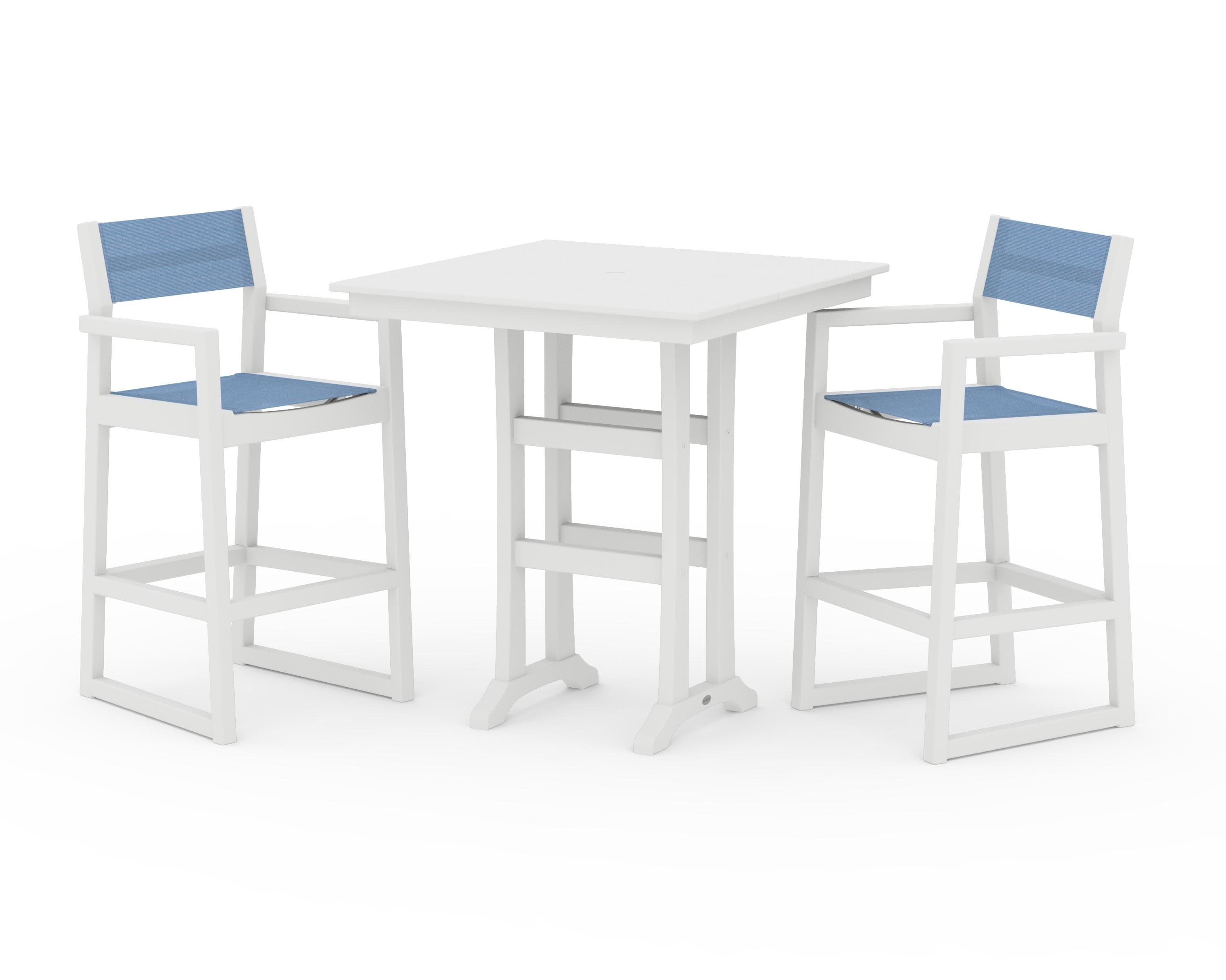 EDGE Sling Arm Chair 3-Piece Farmhouse Bar Set with Trestle Legs in White / Poolside Sling