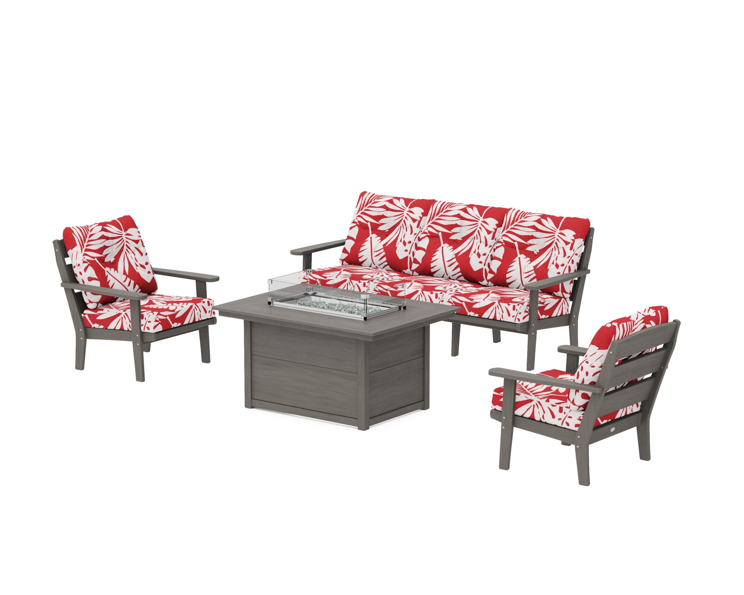 Lakeside Deep Seating Fire Pit Table Set in Driftwood / Leaf Crimson