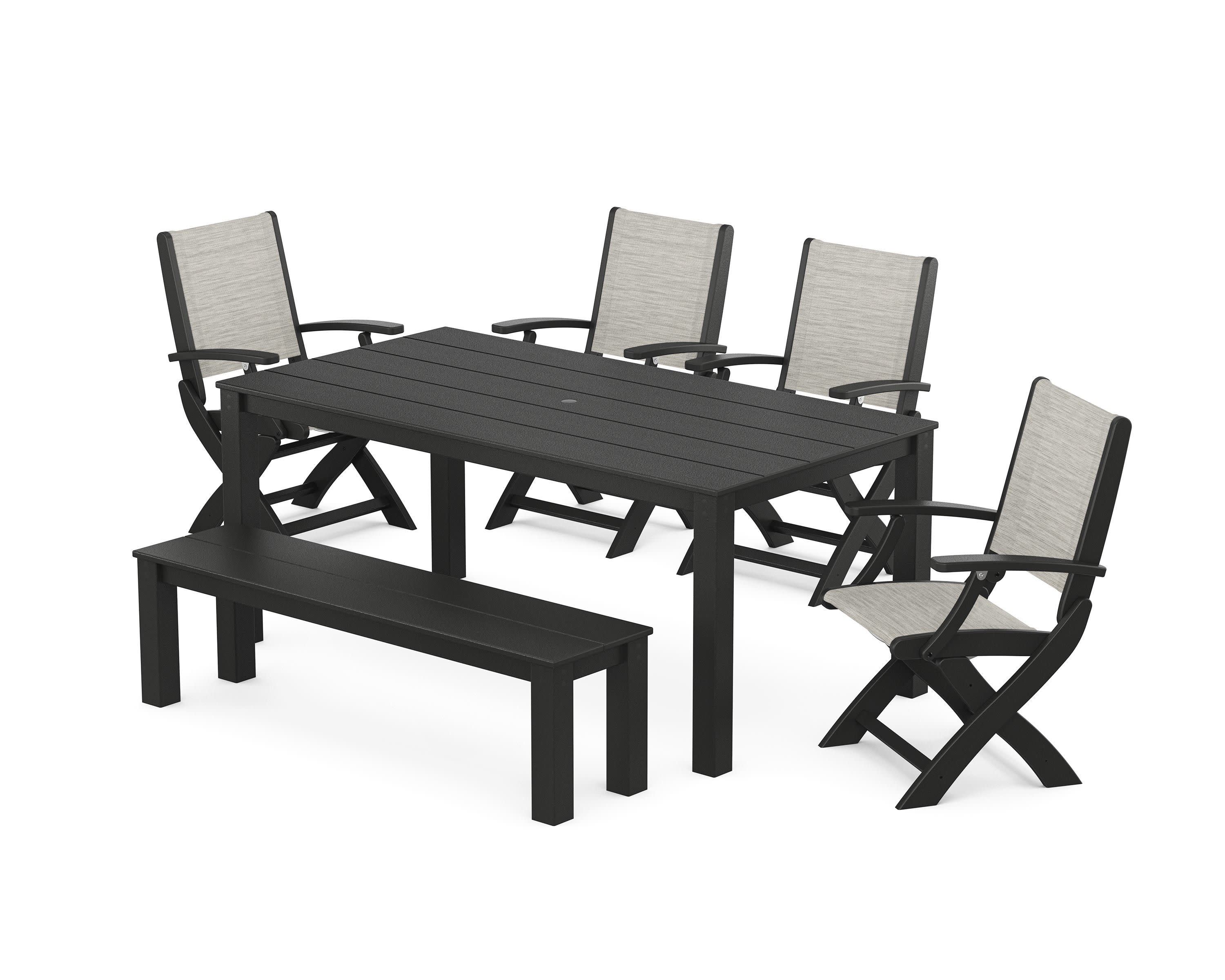 Coastal Folding Chair 6-Piece Parsons Dining Set with Bench in Black / Birch Sling