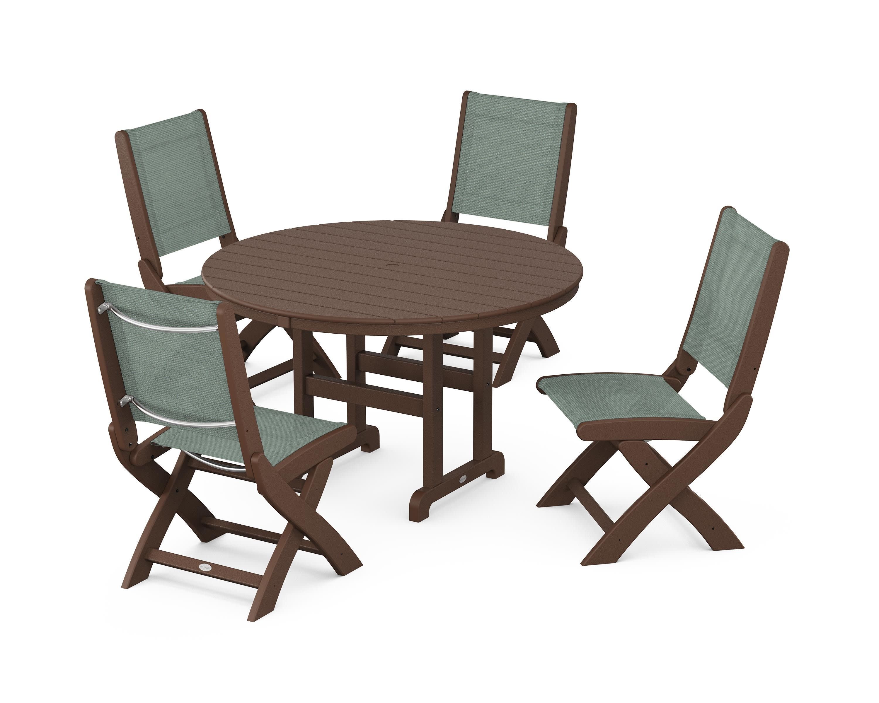 Coastal Folding Side Chair 5-Piece Round Dining Set in Mahogany / Dupioni Sea Mist Sling