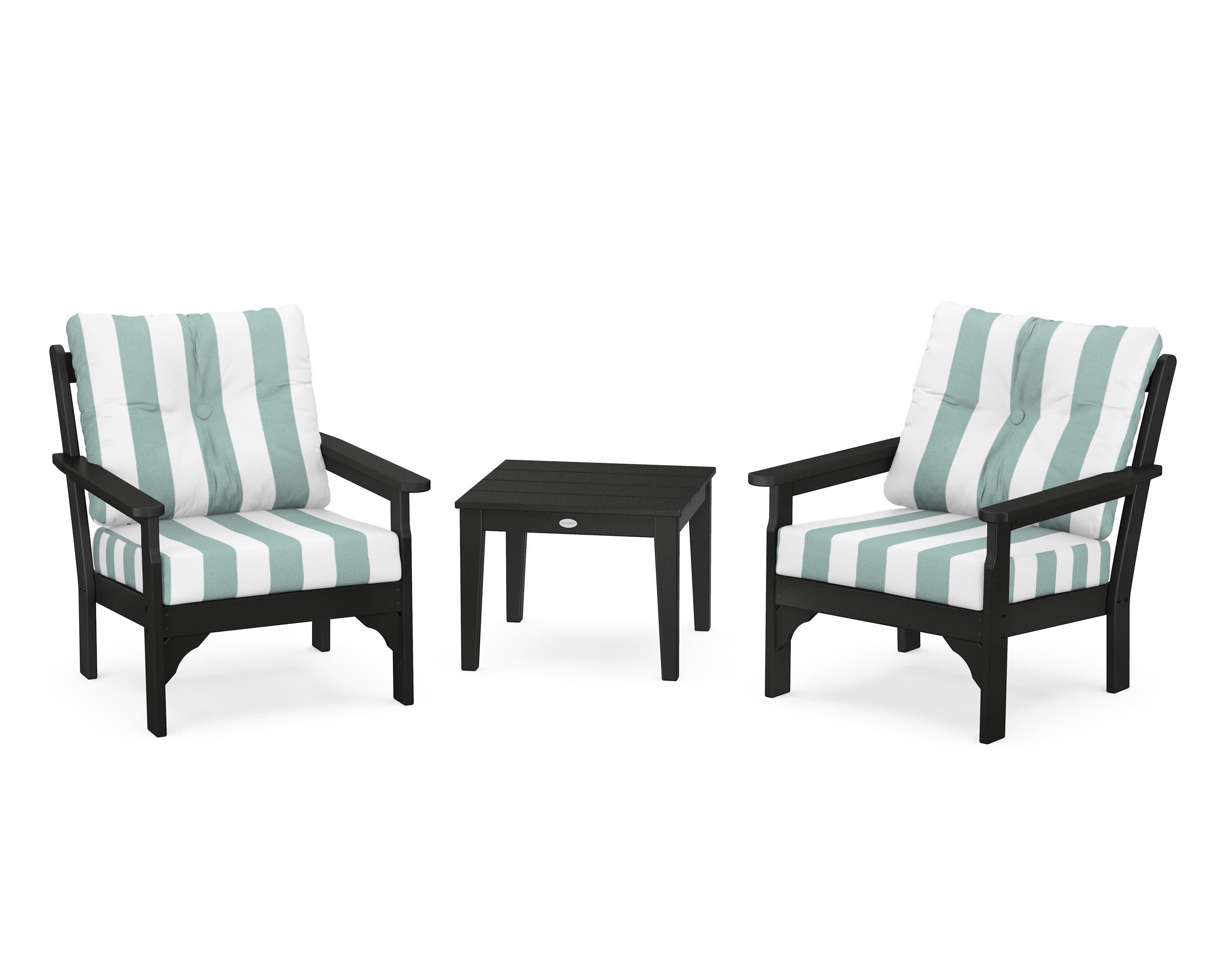 Vineyard 3-Piece Deep Seating Set in Black / Cabana Stripe Glacier Spa