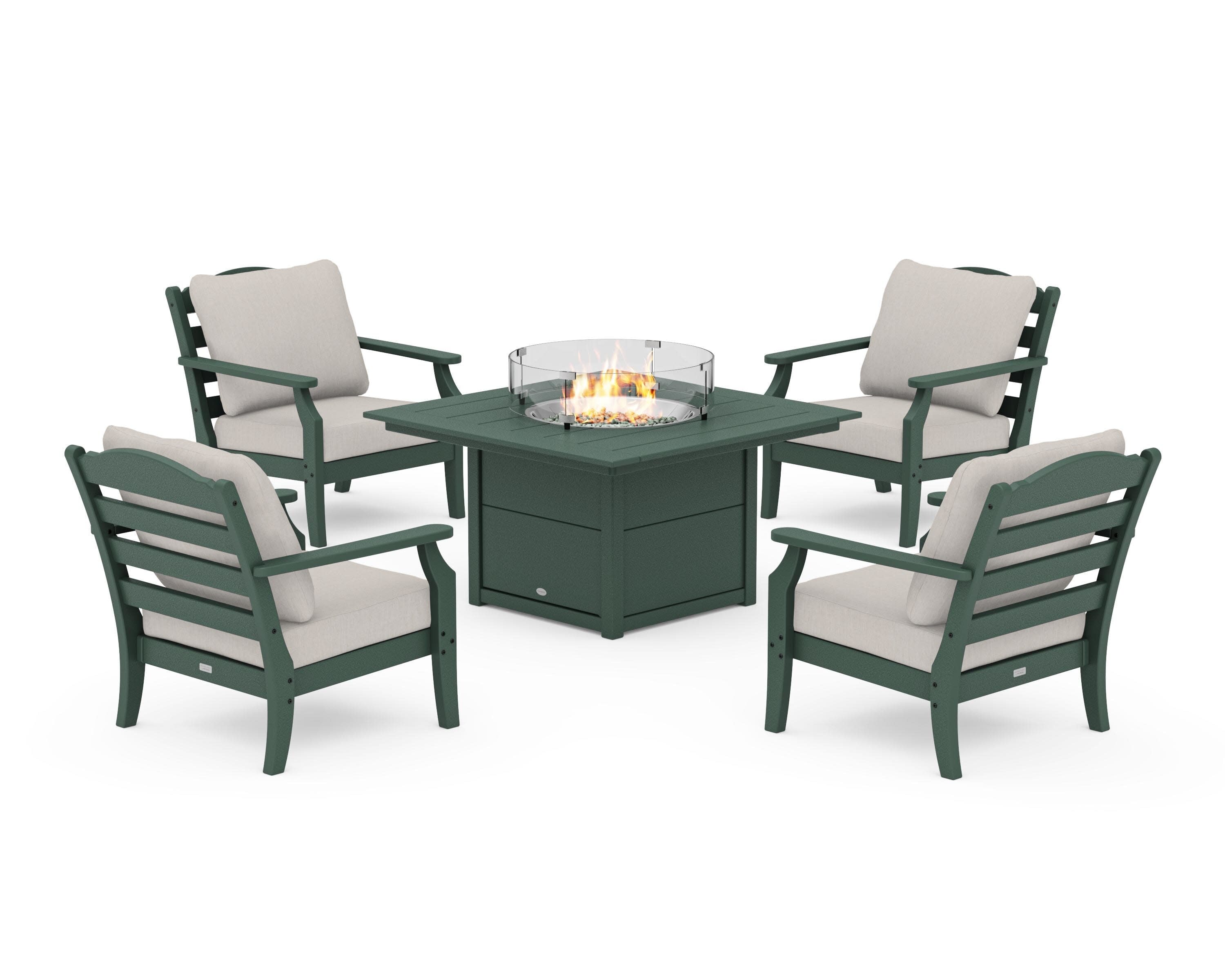 Savannah 5-Piece Deep Seating Set with Fire Pit Table in Green / Cast Ash