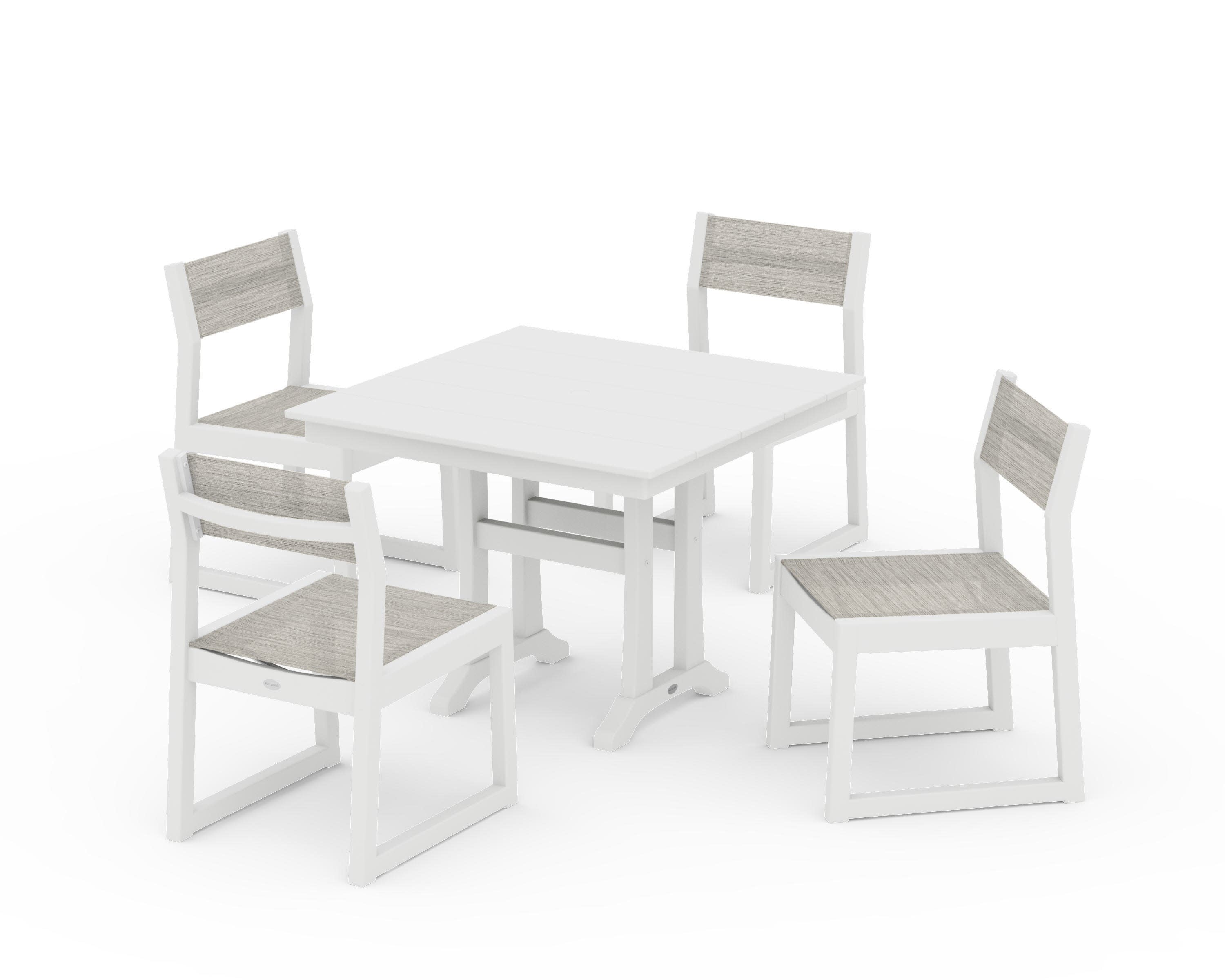 EDGE Sling 5-Piece Farmhouse Trestle Side Chair Dining Set in White / Birch Sling