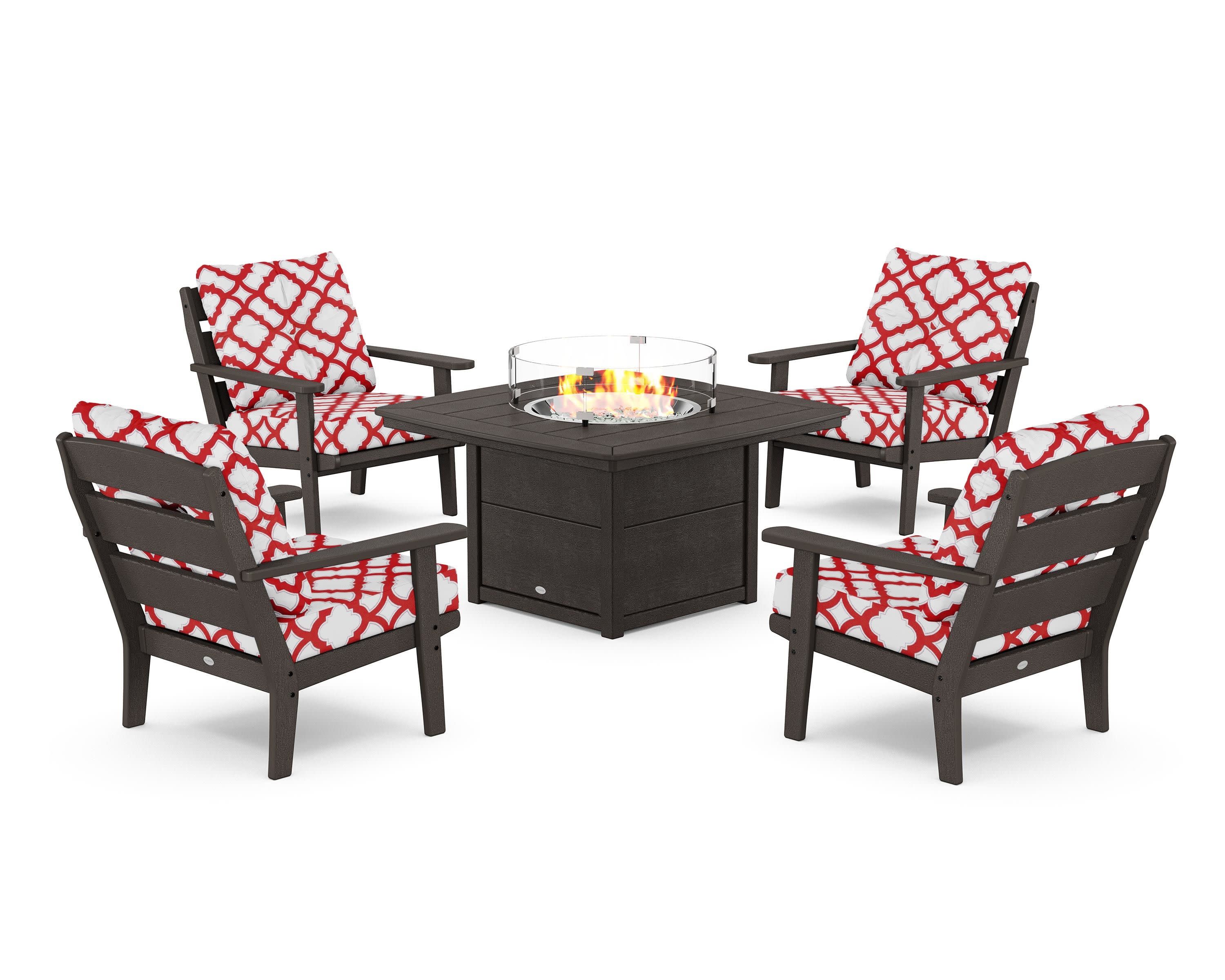 Lakeside 5-Piece Deep Seating Set with Nautical Fire Pit Table in Vintage Coffee / Trellis Crimson