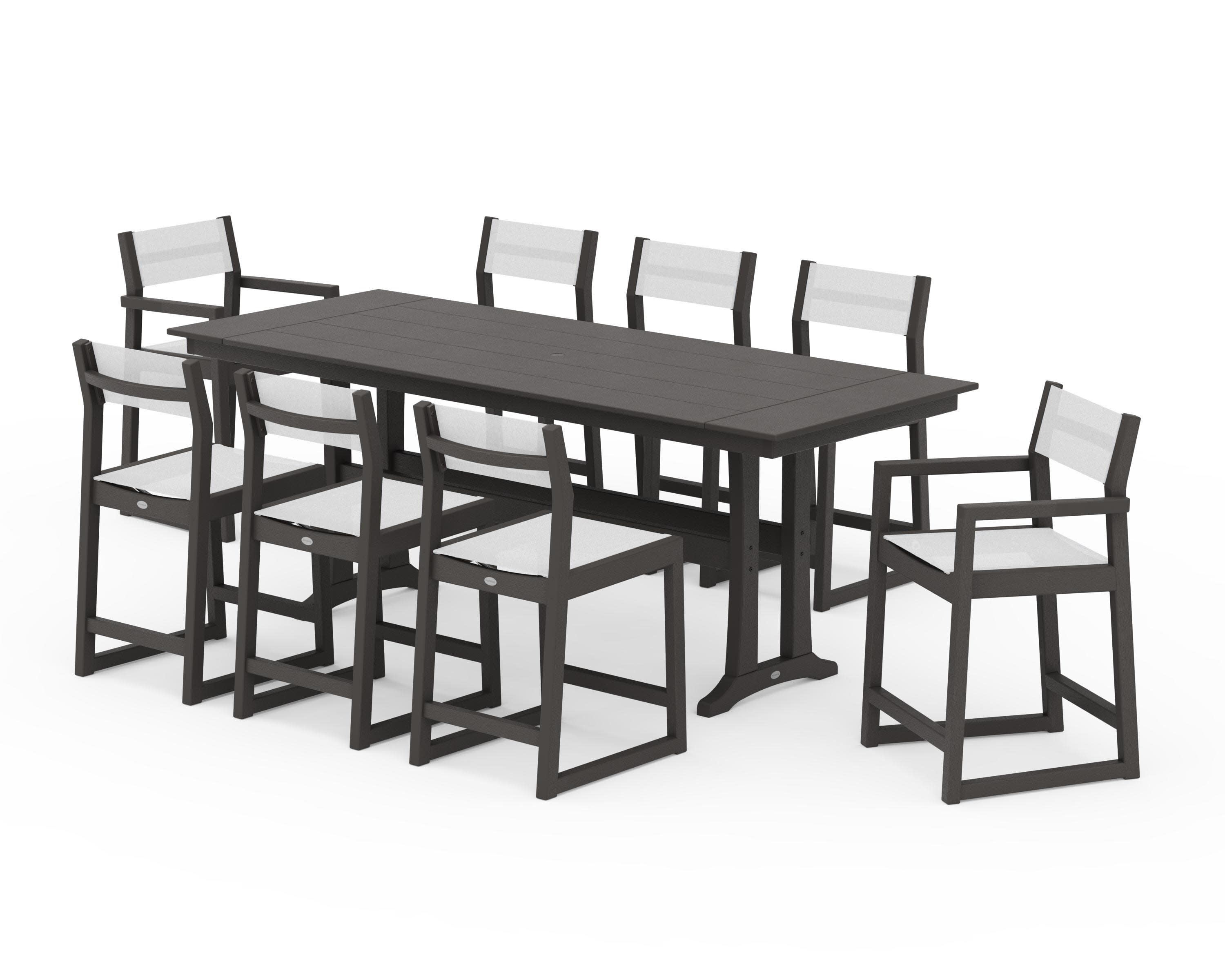 EDGE Sling 9-Piece Farmhouse Counter Set with Trestle Legs in Vintage Coffee / White Sling
