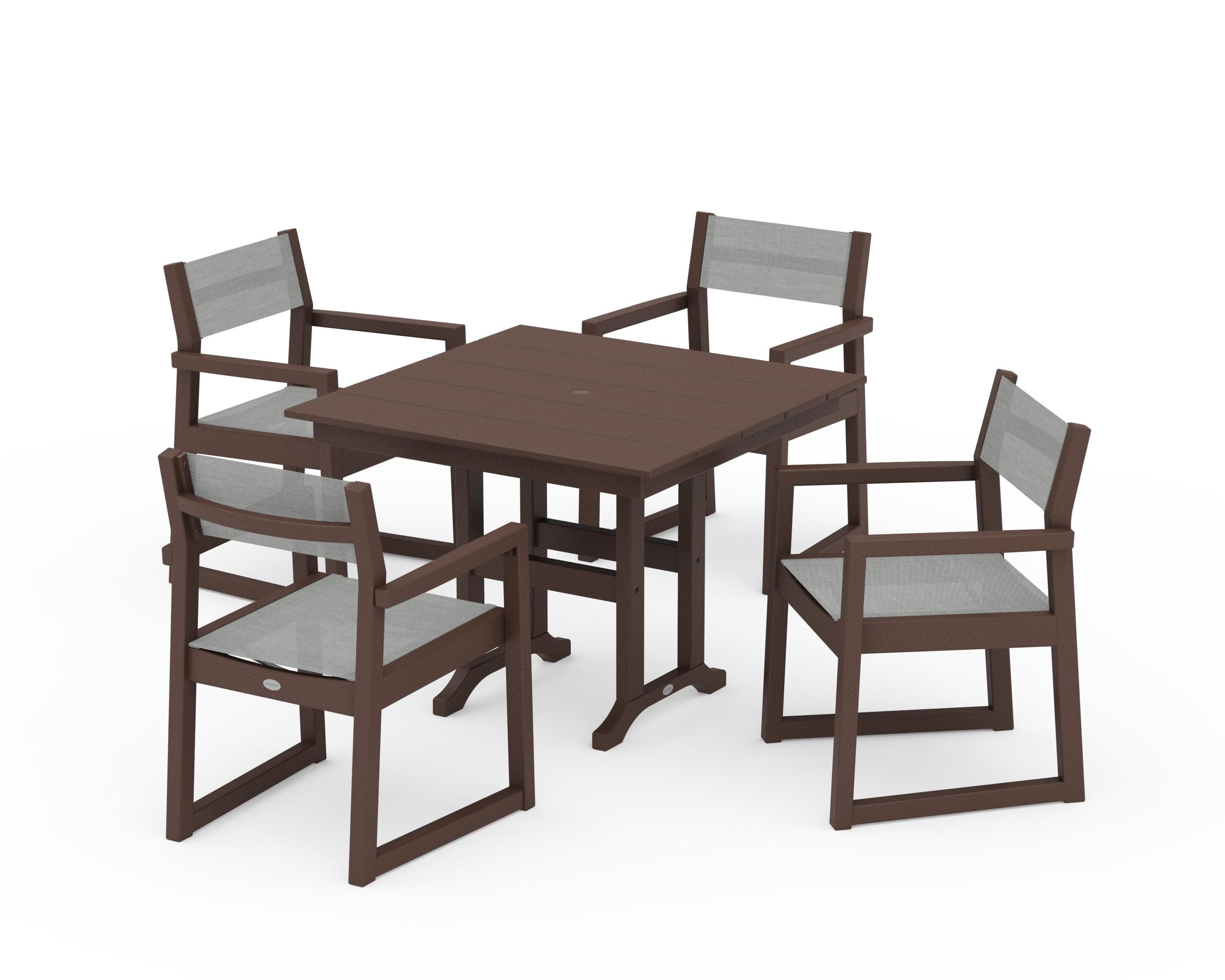 EDGE Sling Arm Chair 5-Piece Farmhouse Dining Set in Mahogany / Metallic Sling